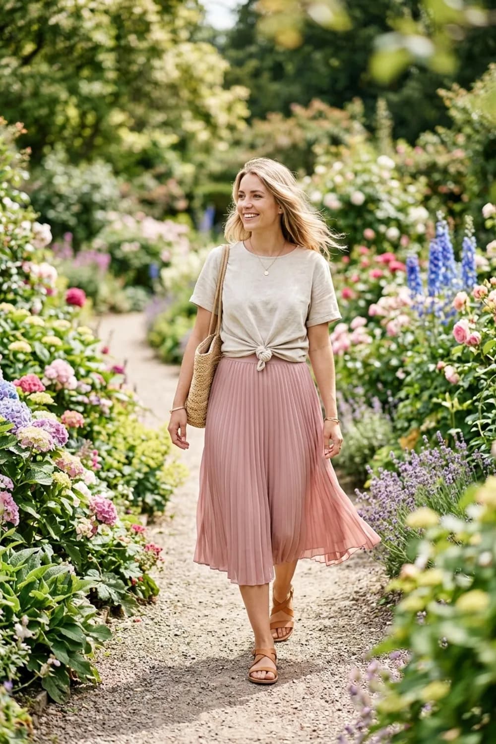 Der luftige Sommer-Look: Geknotetes Leinen-T-Shirt, Plisseerock in Rosé und flache Riemchensandalen – Plisseerock Outfit: So kombinierst du den zeitlosen Klassiker für jeden Anlass