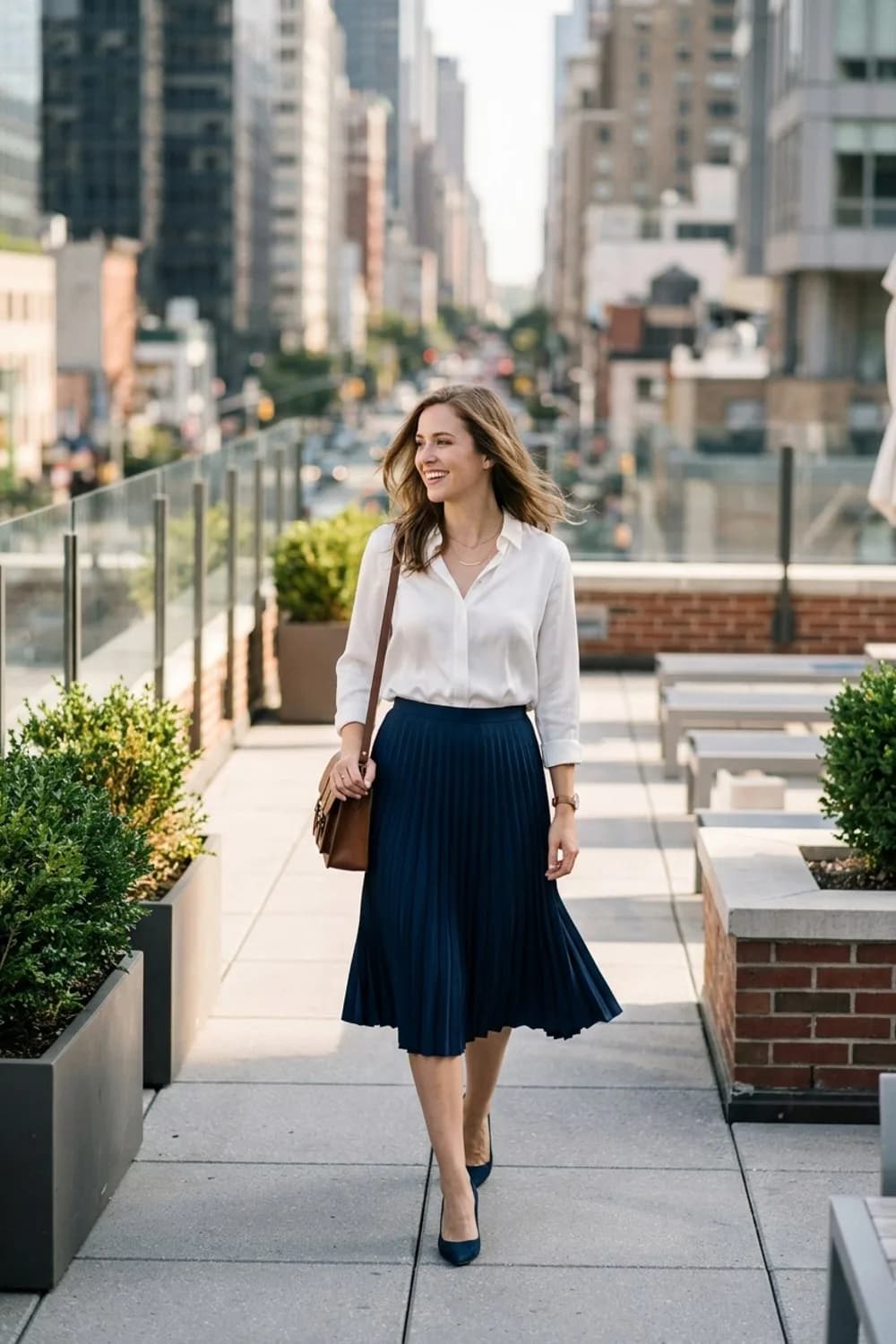 Der souveräne Office-Look: Weiße Seidenbluse, dunkelblauer Plisseerock und spitze Pumps – Plisseerock Outfit: So kombinierst du den zeitlosen Klassiker für jeden Anlass