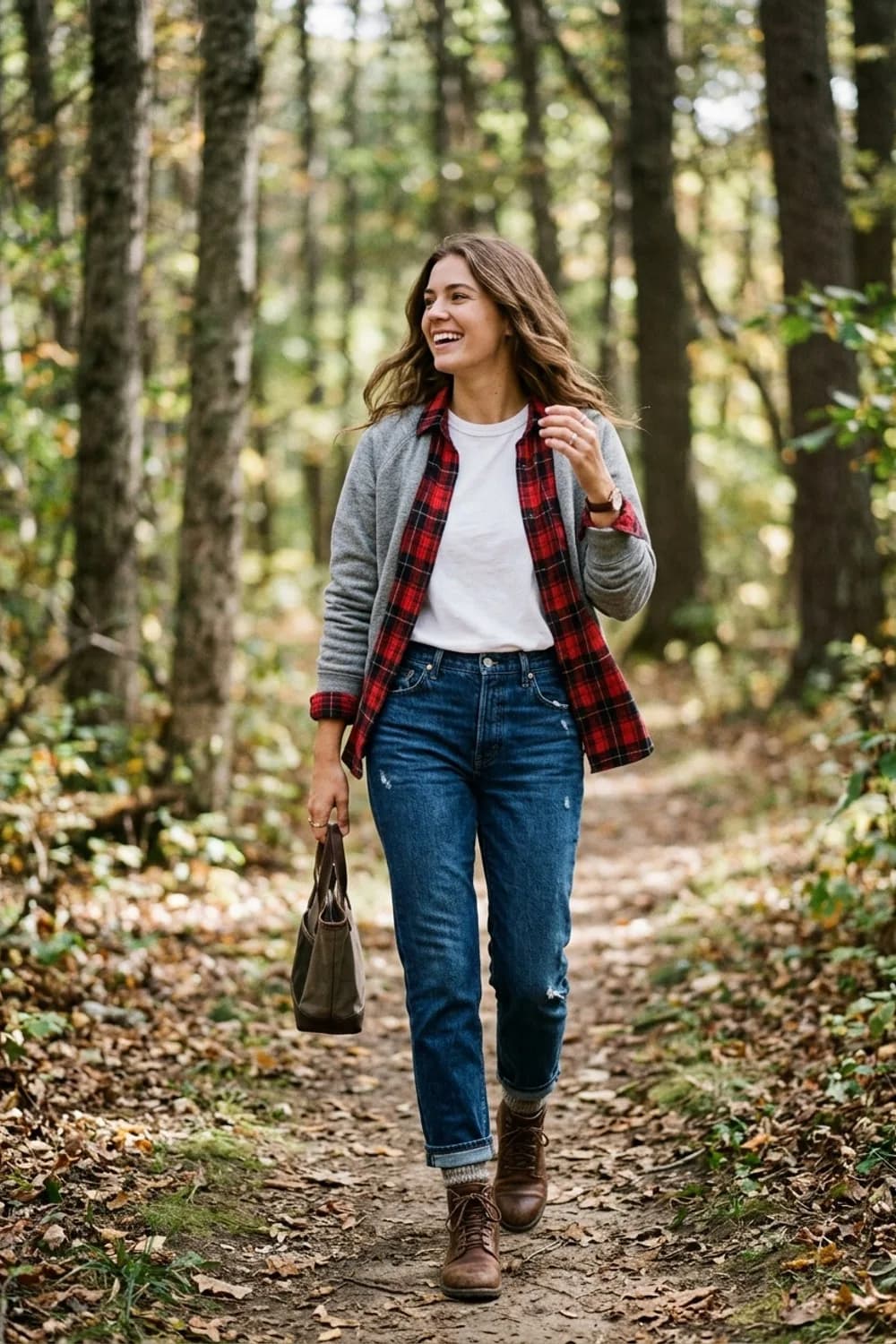 Boyfriend-Look: Kariertes Flanellhemd, grauer Sweatshirt-Pullover und Straight-Leg-Jeans – Pullover mit Hemd: 9 Layering-Looks für die Übergangszeit