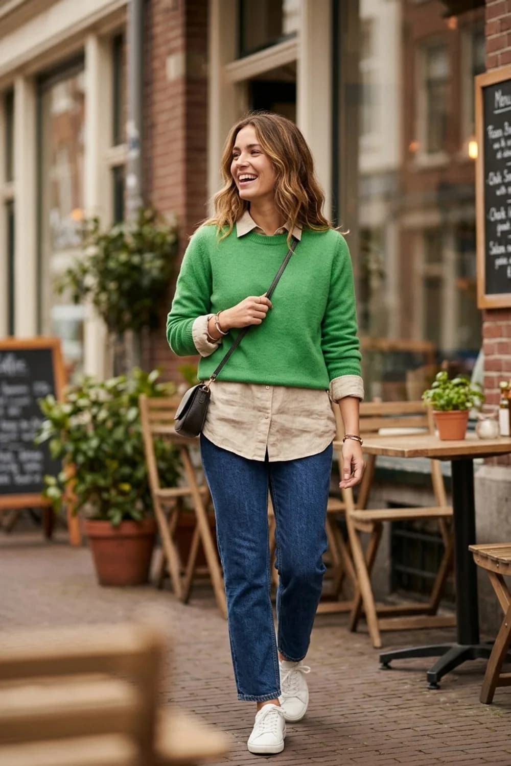 Bunter Farbakzent: Beiges Leinenhemd, knallgrüner Pullover und dunkelblaue Jeans – Pullover mit Hemd: 9 Layering-Looks für die Übergangszeit