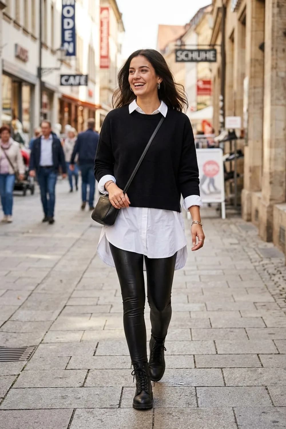 Edgy mit Leder: Weiße Oversize-Bluse, schwarzer Wollpullover und Lederleggings – Pullover mit Hemd: 9 Layering-Looks für die Übergangszeit