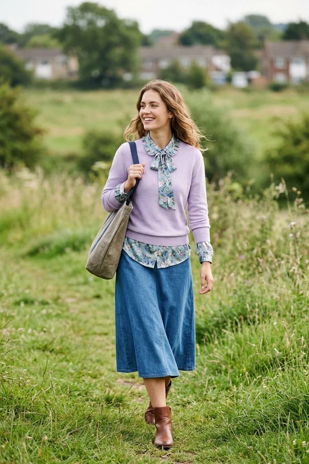 Feminin mit Rock: Seidenbluse mit Muster, pastellfarbener Feinstrickpullover und A-Linien-Midirock – Pullover mit Hemd: 9 Layering-Looks für die Übergangszeit