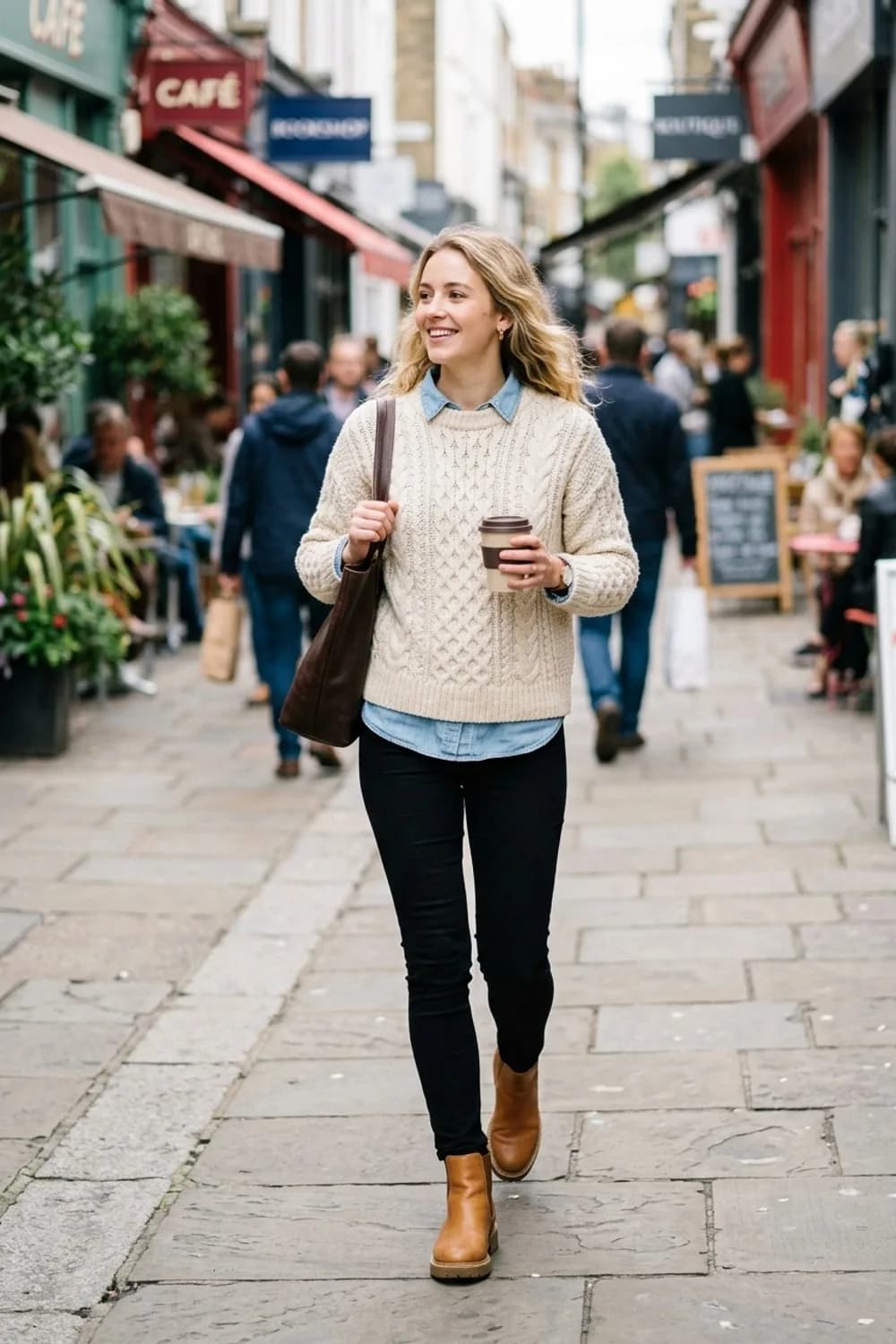 Lässiger Wochenend-Vibe: Hellblaues Jeanshemd, cremefarbener Grobstrickpullover und schwarze Skinny-Jeans – Pullover mit Hemd: 9 Layering-Looks für die Übergangszeit