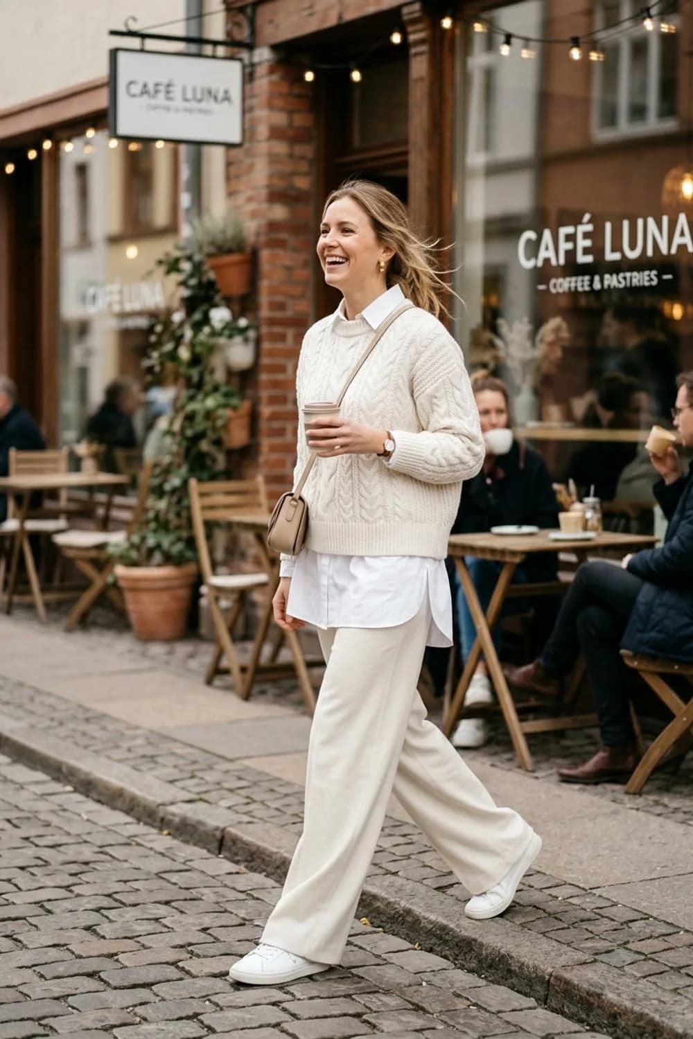 Monochrom-Modern: Weiße Longbluse, weißer Strickpullover und weite Wollhose – Pullover mit Hemd: 9 Layering-Looks für die Übergangszeit