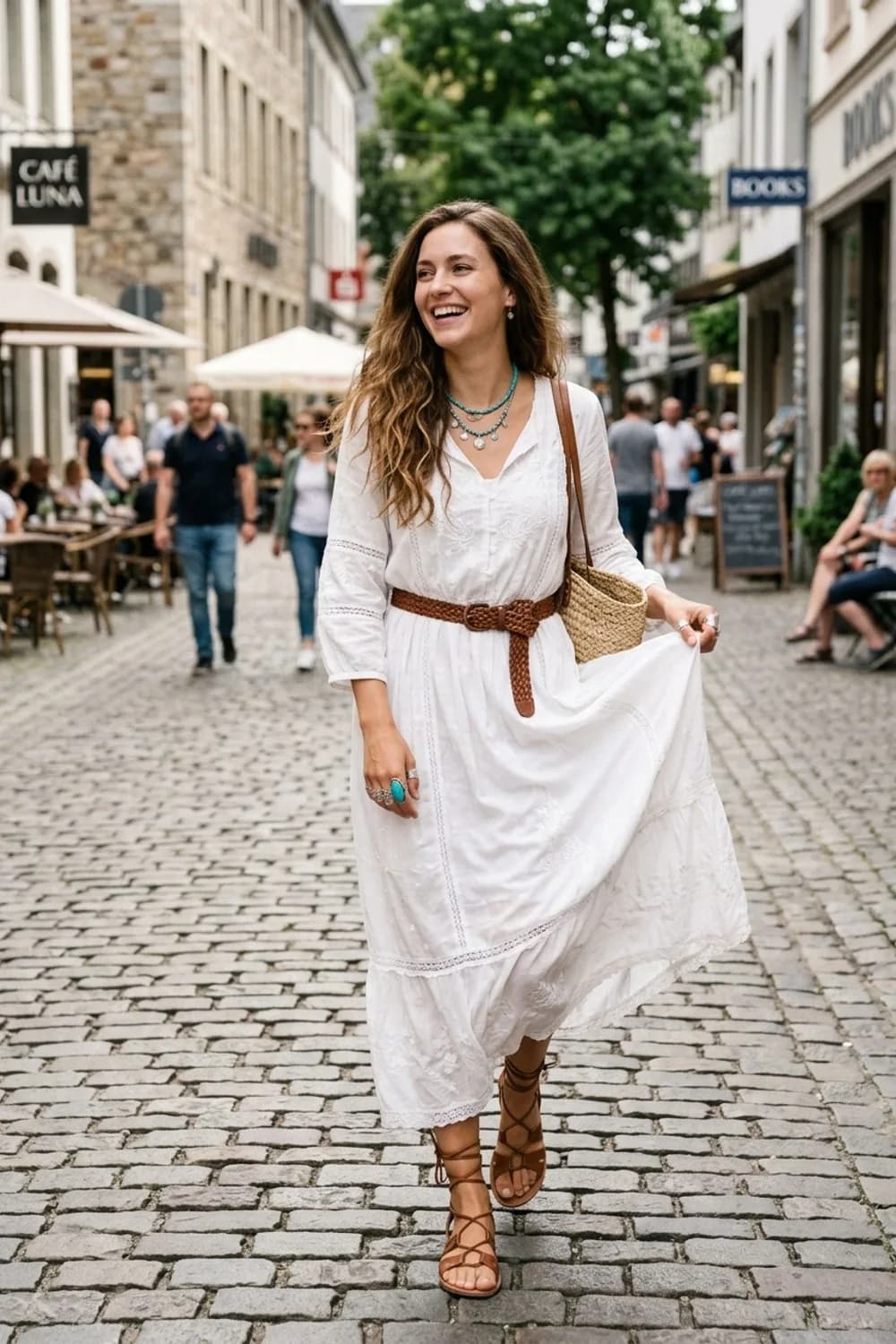 Der Boho-Statement: Weißes Maxikleid, geflochtener Ledergürtel und braune Römersandalen – Ringe kombinieren: 9 Looks für Finger, die man einfach nicht übersehen kann