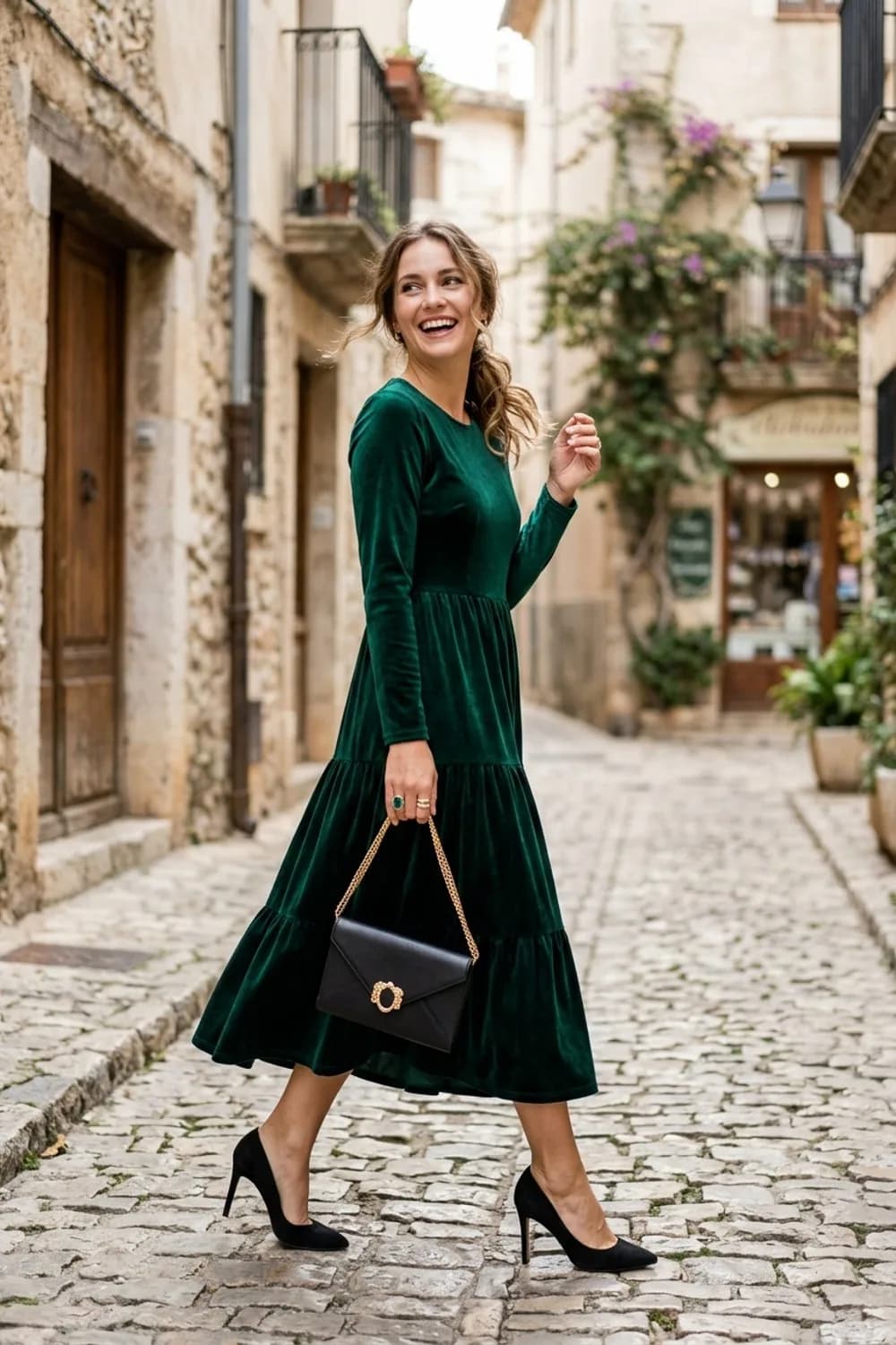 Der Cocktail-Glamour: Smaragdgrünes Samtkleid, schwarze Stilettos und Clutch mit Golddetails – Ringe kombinieren: 9 Looks für Finger, die man einfach nicht übersehen kann