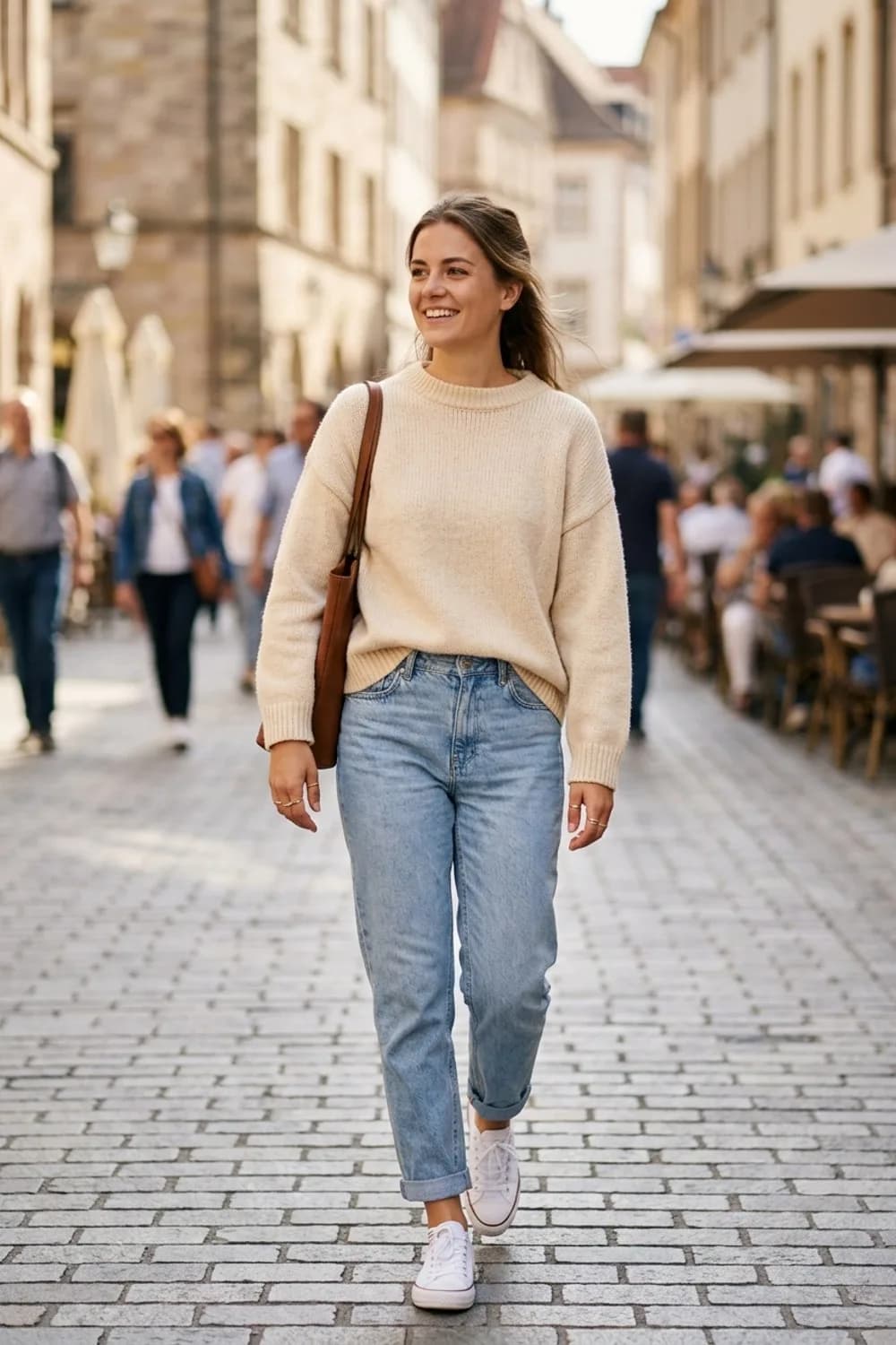 Der lässige Sonntags-Look: Oversized-Strickpullover, hellblaue Mom-Jeans und weiße Sneaker – Ringe kombinieren: 9 Looks für Finger, die man einfach nicht übersehen kann