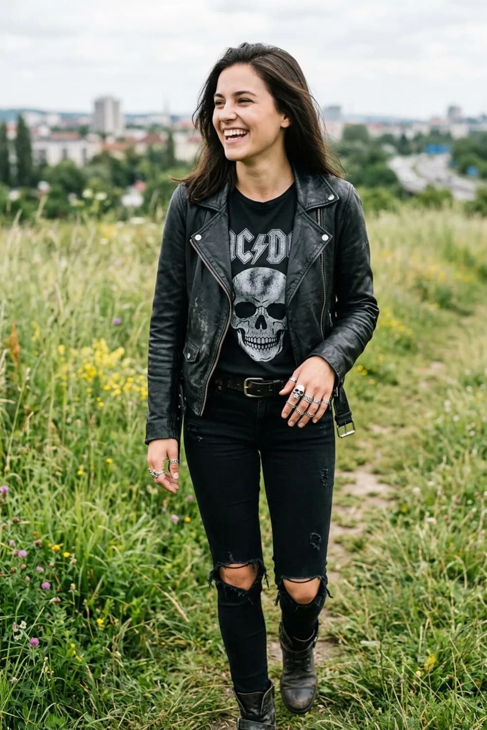 Der Rock-Glam: Schwarzes Bandshirt, Lederjacke und zerrissene schwarze Jeans – Ringe kombinieren: 9 Looks für Finger, die man einfach nicht übersehen kann