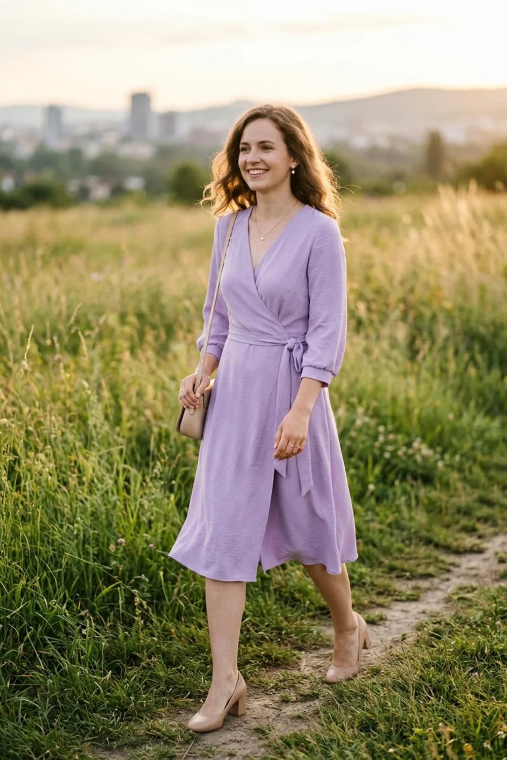 Der romantische Rosé-Traum: Fliederfarbenes Wickelkleid, nudefarbene Pumps und Perlohrstecker – Ringe kombinieren: 9 Looks für Finger, die man einfach nicht übersehen kann