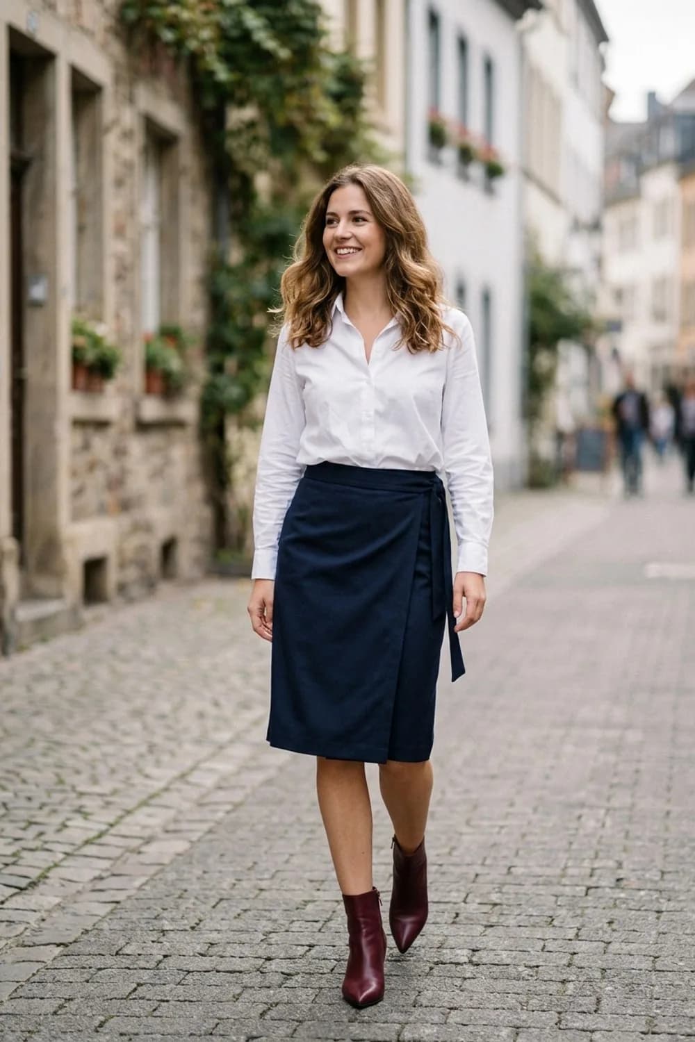 Business Casual: Wickelrock in Navyblau, weißes Hemd und spitze Ankle Boots in Bordeaux – Rock mit Stiefeln: 9 schwungvolle Herbst-Looks für jeden Anlass