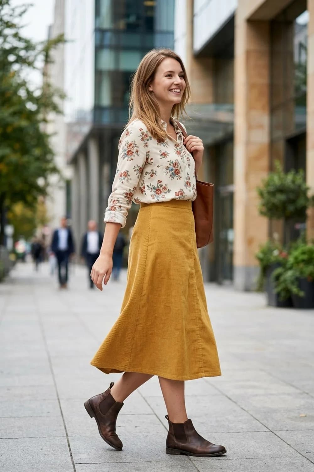 Familien-Brunch: Cordurock in Senfgelb, geblümte Bluse und flache Stiefeletten in Dunkelbraun – Rock mit Stiefeln: 9 schwungvolle Herbst-Looks für jeden Anlass