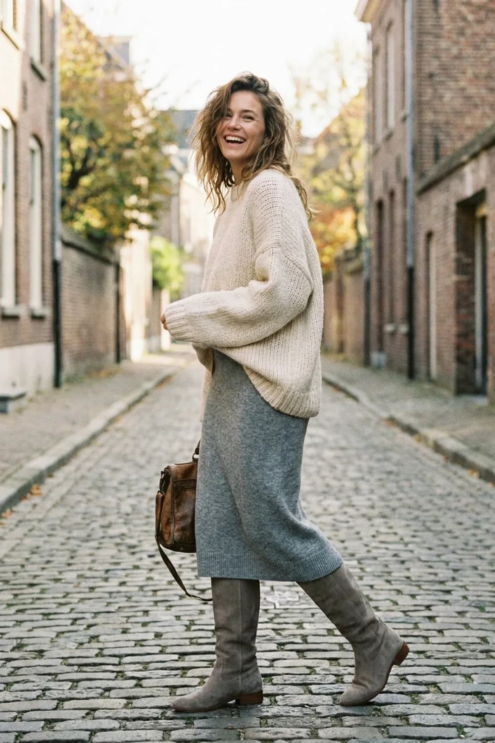 Gemütlicher Sonntag: Strickrock in Grau, Oversized-Pullover in Creme und kniehohe Wildlederstiefel – Rock mit Stiefeln: 9 schwungvolle Herbst-Looks für jeden Anlass
