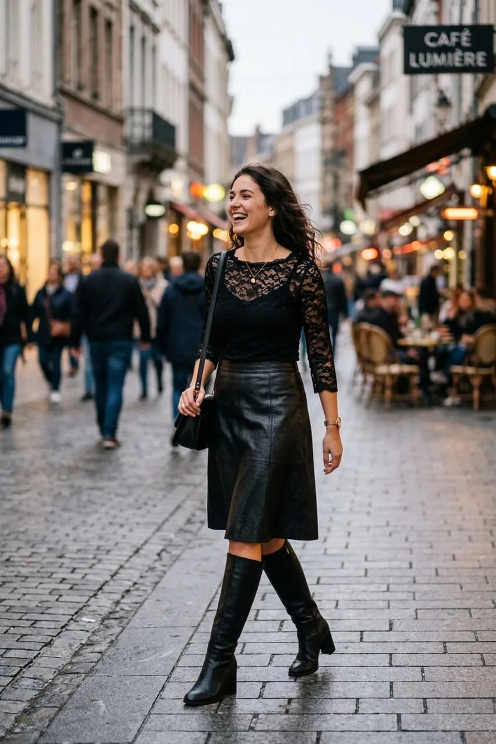 Girls Night Out: Lederrock in Schwarz, Spitzentop und hohe Stiefel mit Absatz – Rock mit Stiefeln: 9 schwungvolle Herbst-Looks für jeden Anlass