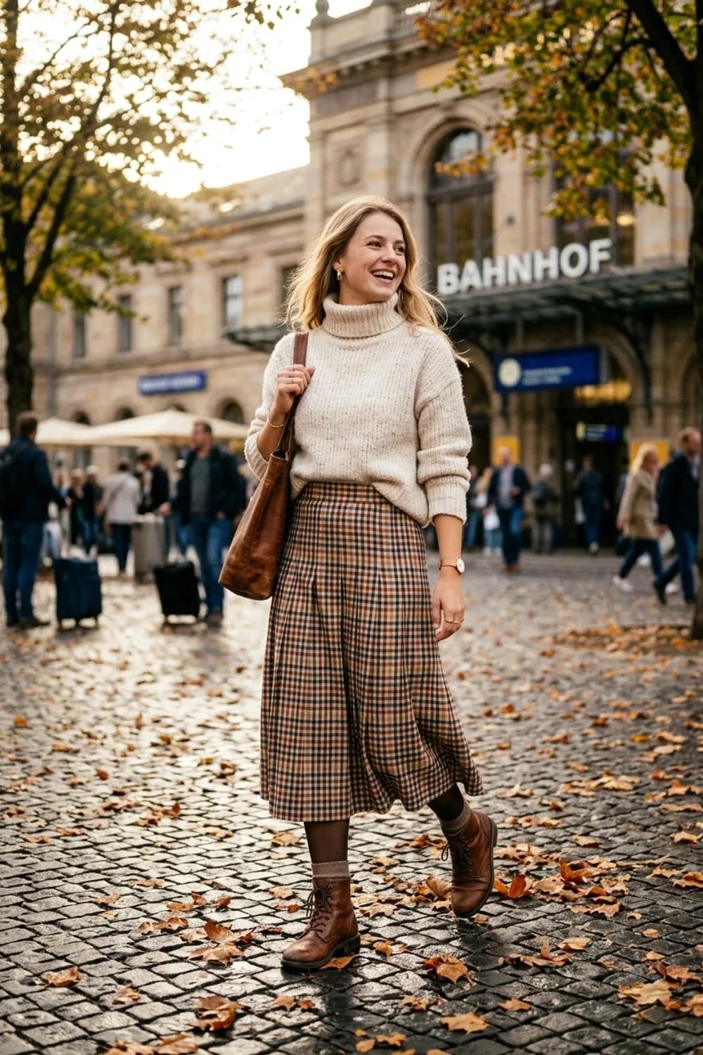 Herbstspaziergang: Karierter Midirock, cremefarbener Rollkragenpullover und braune Schnürstiefeletten – Rock mit Stiefeln: 9 schwungvolle Herbst-Looks für jeden Anlass