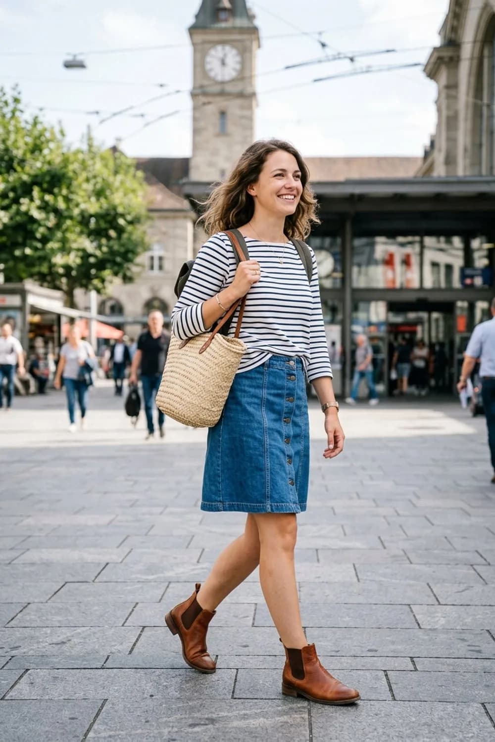 Wochenend-Bummel: Jeansrock in A-Linie, gestreiftes Longsleeve und cognacfarbene Chelsea Boots – Rock mit Stiefeln: 9 schwungvolle Herbst-Looks für jeden Anlass