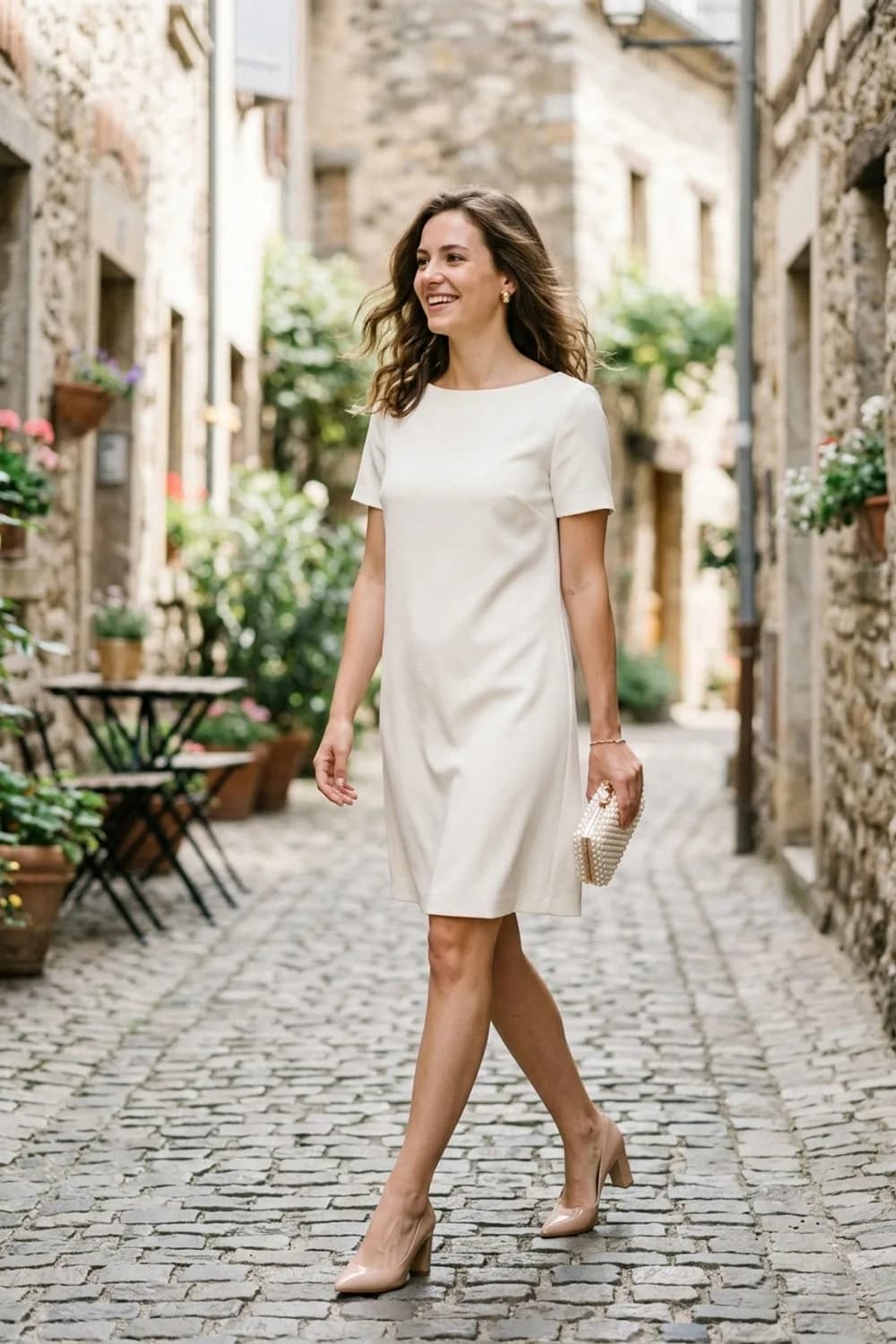 Der Klassiker: Kurzes Etuikleid aus Crêpe, nudefarbene Pumps und eine Perlen-Clutch – Standesamt Kleid schlicht: 9 elegante Looks für eine stimmungsvolle Trauung