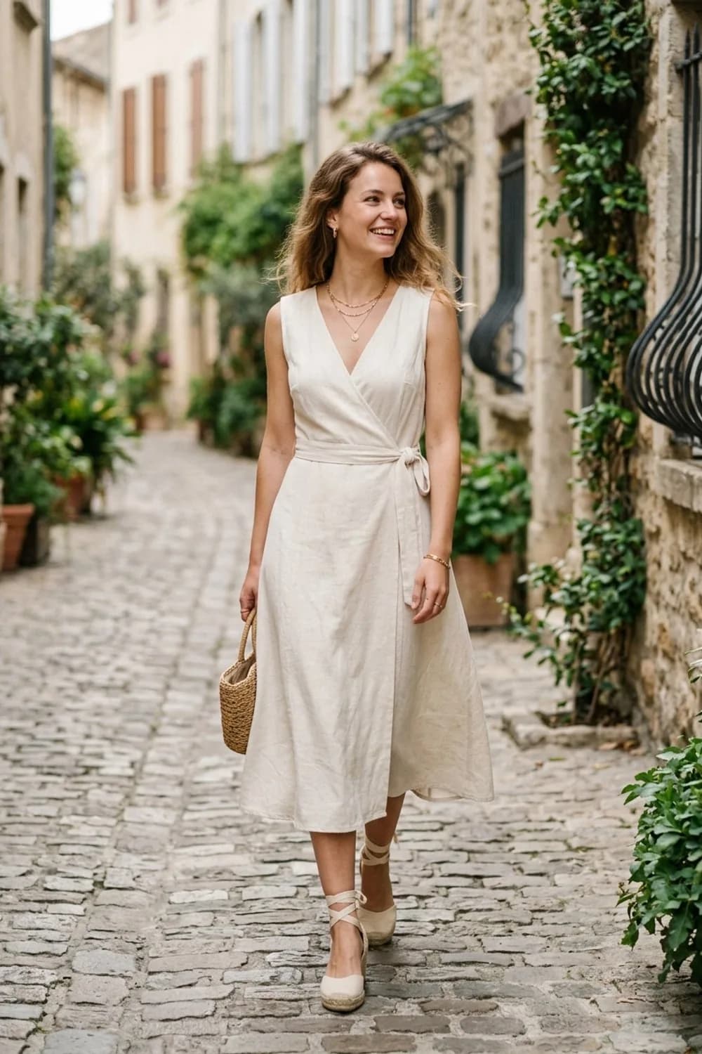 Die Unkomplizierte: Midi-Wickelkleid aus Leinen-Mix, Espadrilles mit Keilabsatz und Goldschmuck – Standesamt Kleid schlicht: 9 elegante Looks für eine stimmungsvolle Trauung