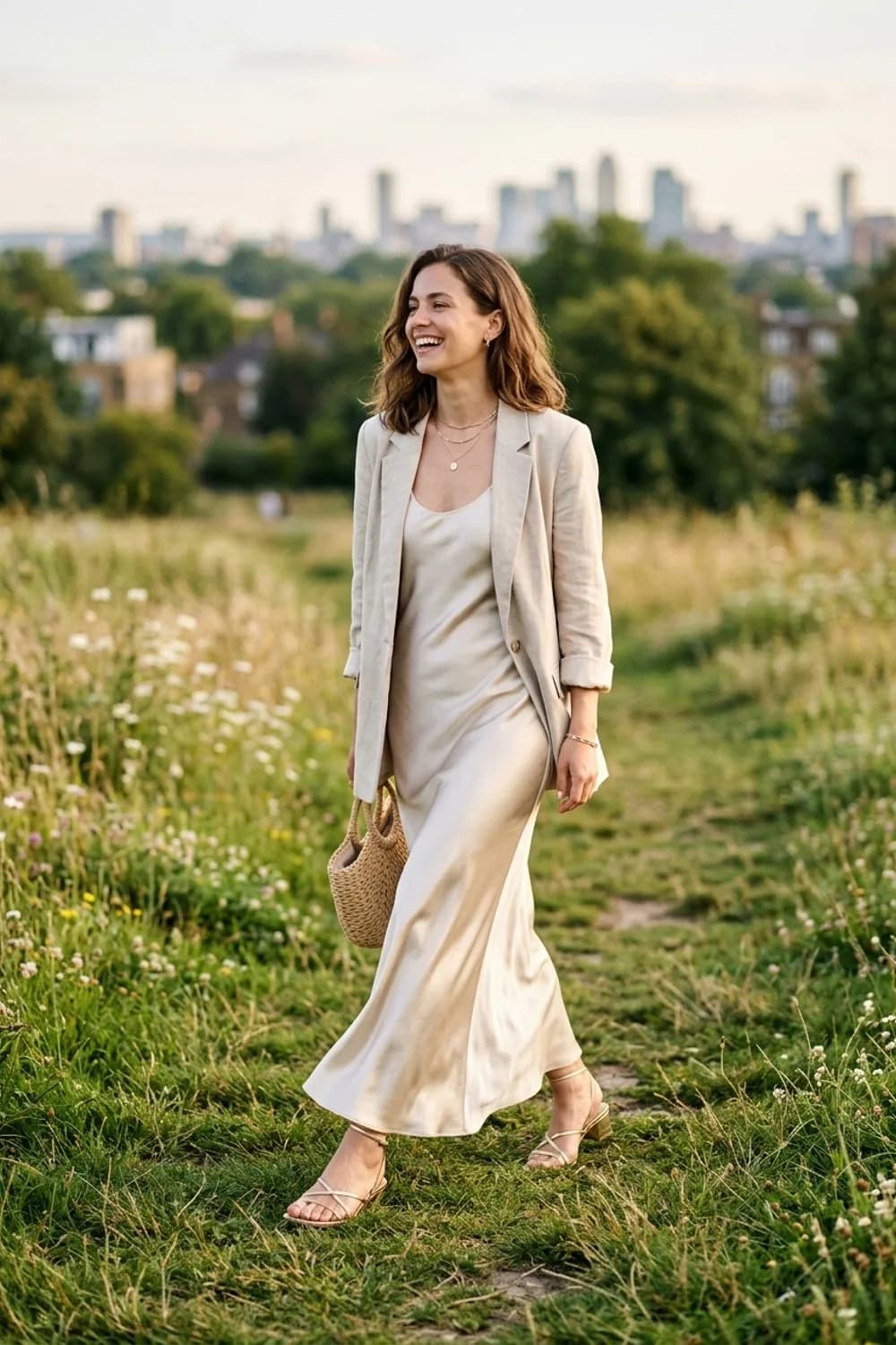 Die Verträumte: Langes Slip-Dress aus Satin, Oversize-Blazer und filigrane Sandalen – Standesamt Kleid schlicht: 9 elegante Looks für eine stimmungsvolle Trauung