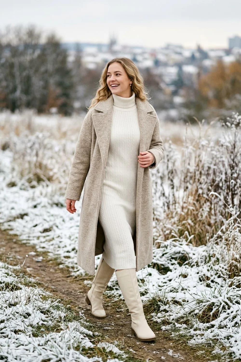 Die Winterbraut: Langärmeliges Strickkleid, cremefarbene Stiefel und ein Wollmantel – Standesamt Kleid schlicht: 9 elegante Looks für eine stimmungsvolle Trauung