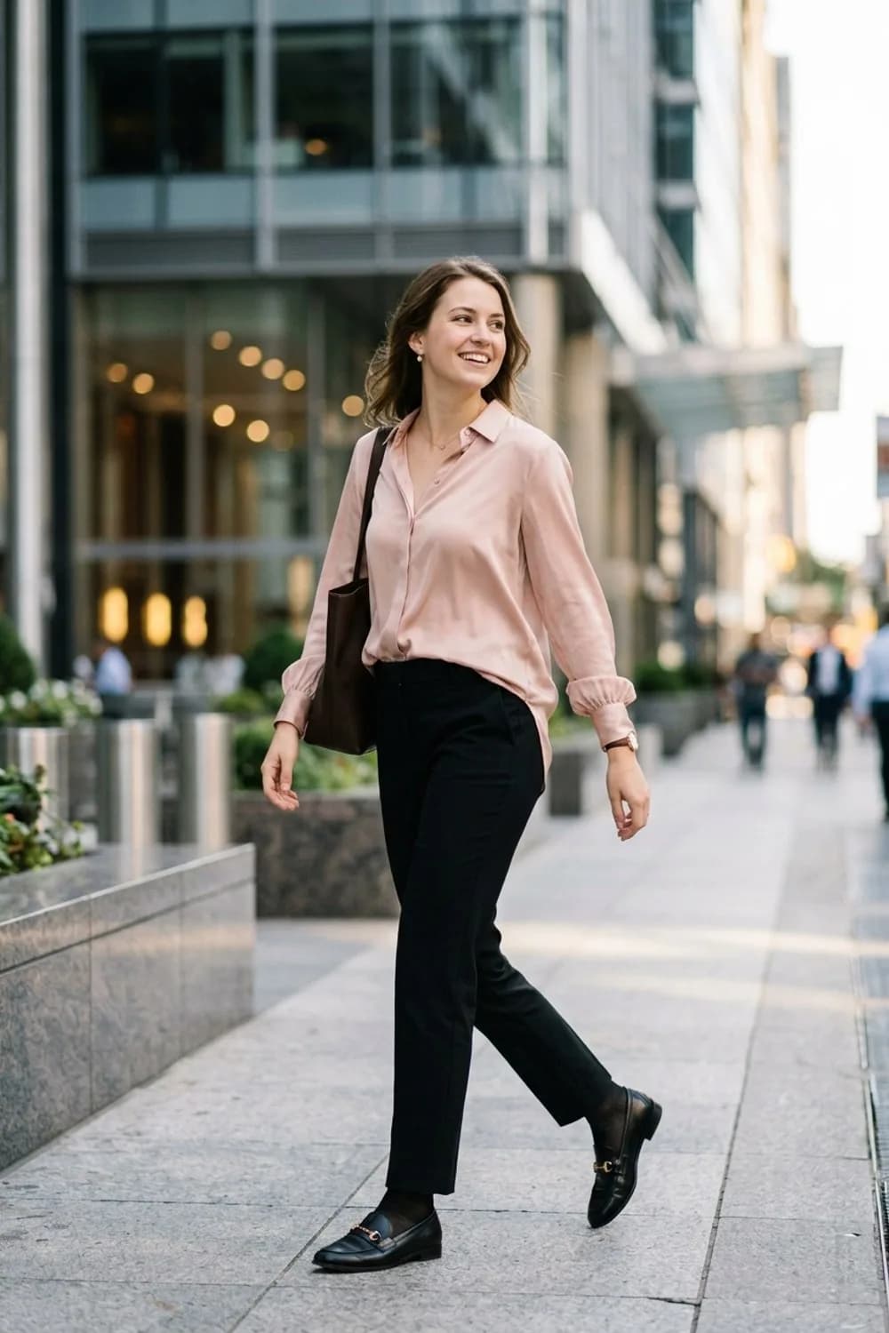 Business-Casual: Zarte Seidenbluse, schwarze Stoffhose und edle Loafer – Schwarze Hose kombinieren: 9 zeitlose Looks, die zu jedem Anlass passen