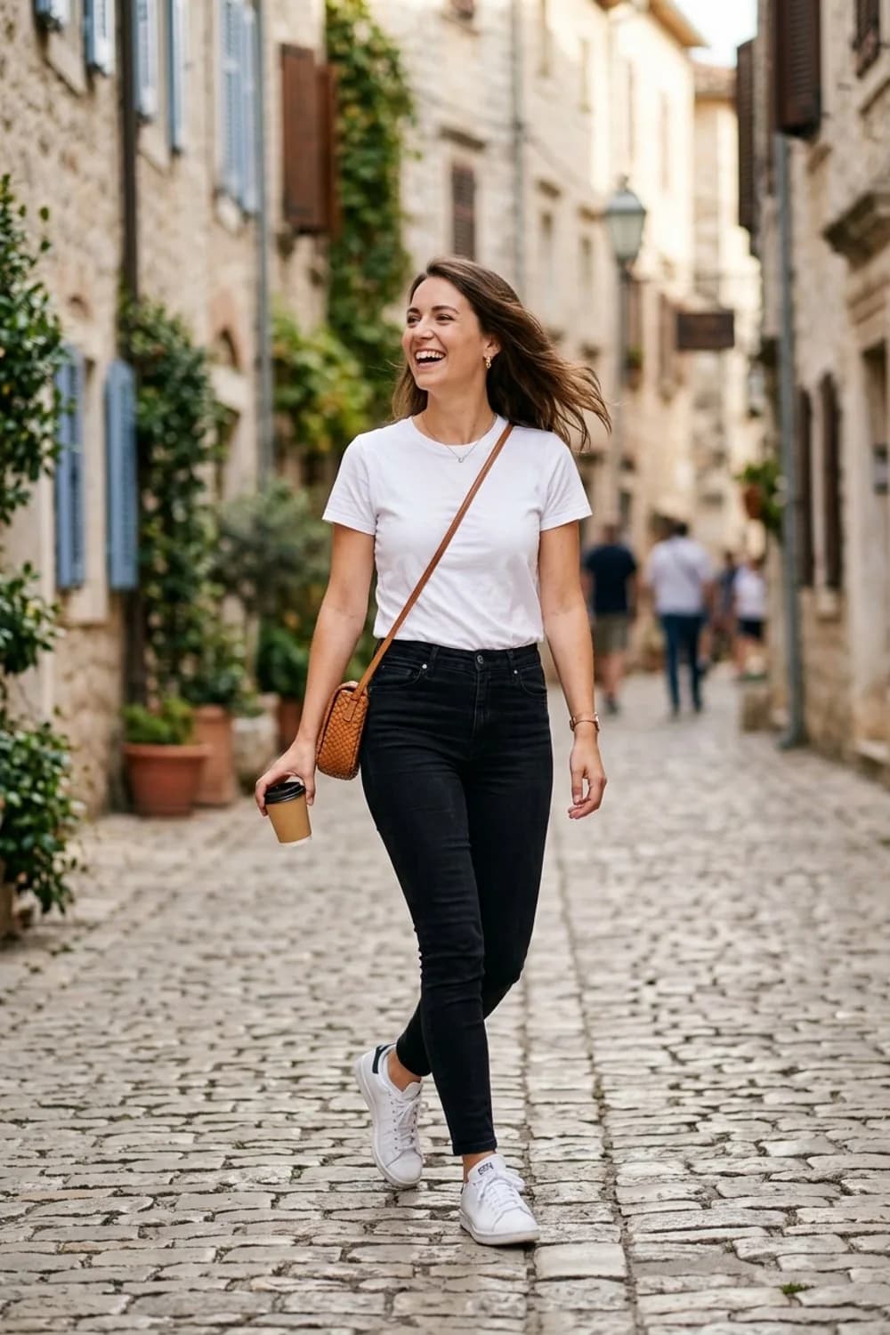 Der Alltags-Klassiker: Weißes T-Shirt, schwarze Skinny-Jeans und weiße Sneaker – Schwarze Hose kombinieren: 9 zeitlose Looks, die zu jedem Anlass passen