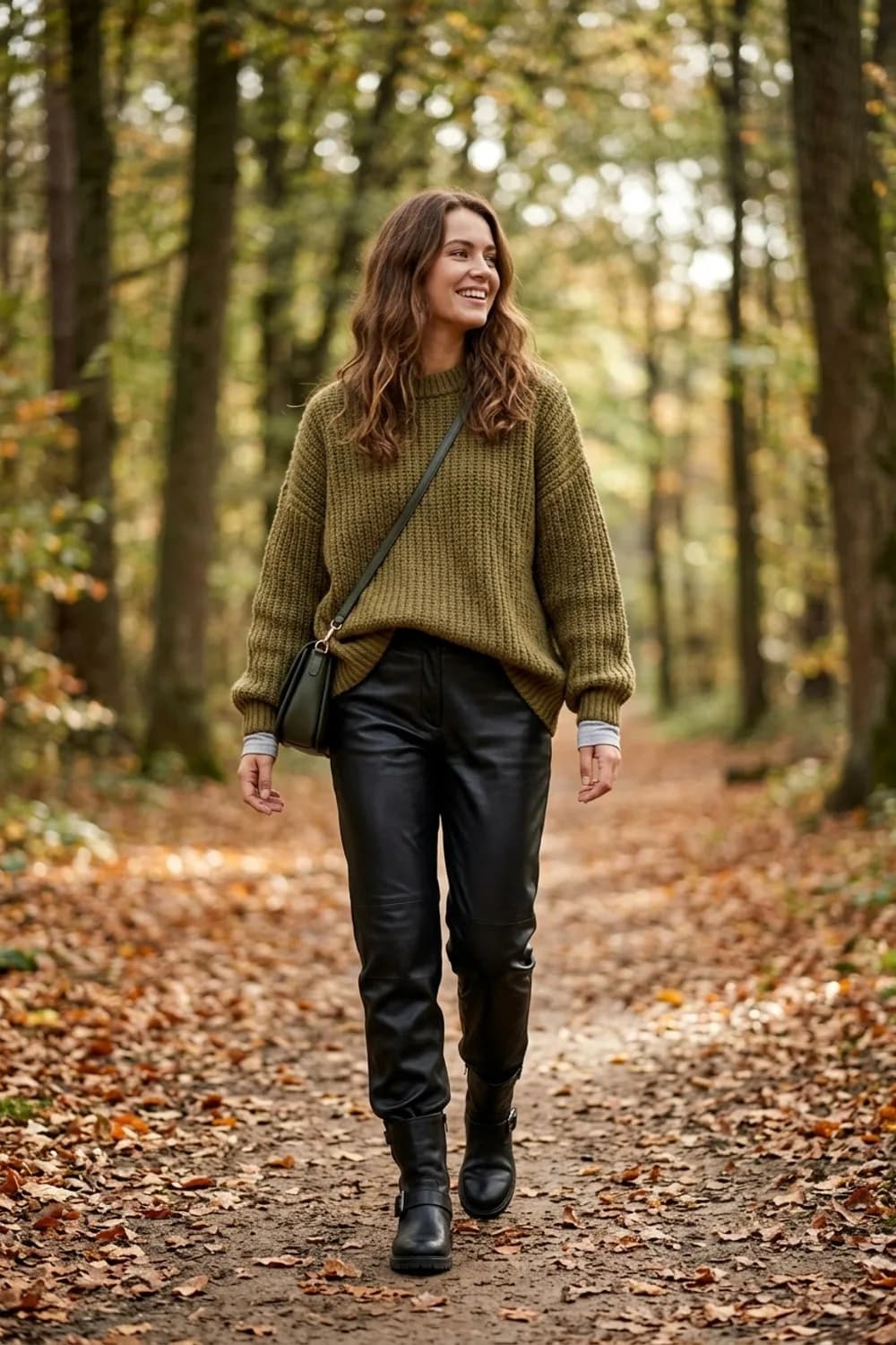 Lässig im Herbst: Oversize-Strickpullover, schwarze Lederhose und Biker Boots – Schwarze Hose kombinieren: 9 zeitlose Looks, die zu jedem Anlass passen
