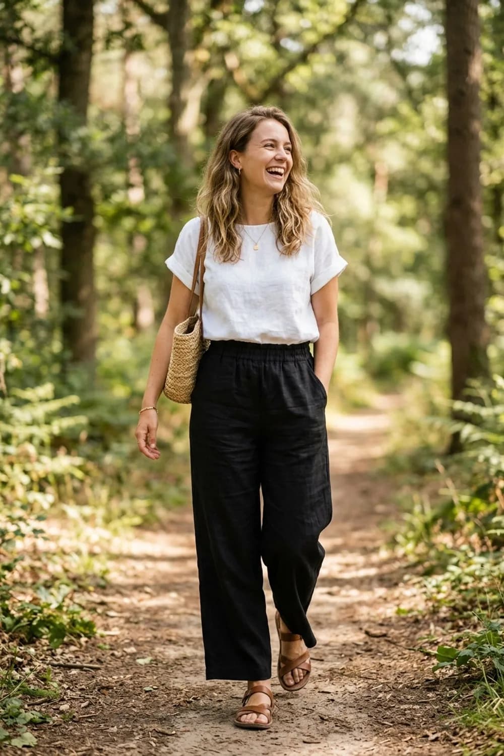 Sommerlich-Leicht: Weißes Leinentop, weite schwarze Leinenhose und Ledersandalen – Schwarze Hose kombinieren: 9 zeitlose Looks, die zu jedem Anlass passen