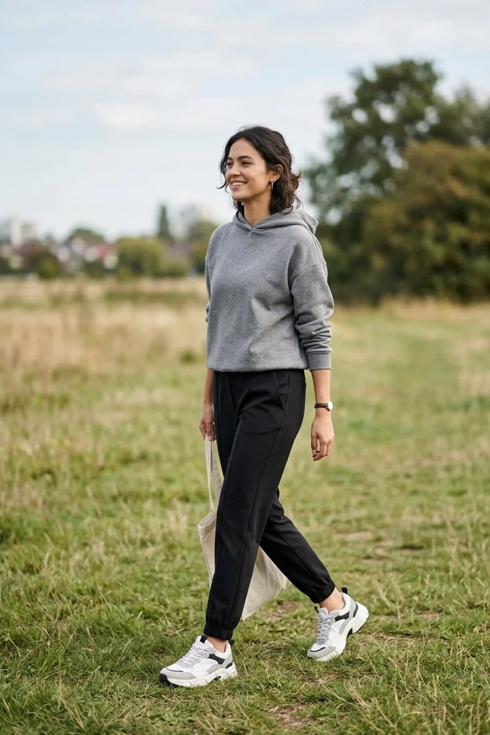 Sportlich-Elegant: Grauer Hoodie, schwarze Stoff-Jogpants und Fashion-Sneaker – Schwarze Hose kombinieren: 9 zeitlose Looks, die zu jedem Anlass passen