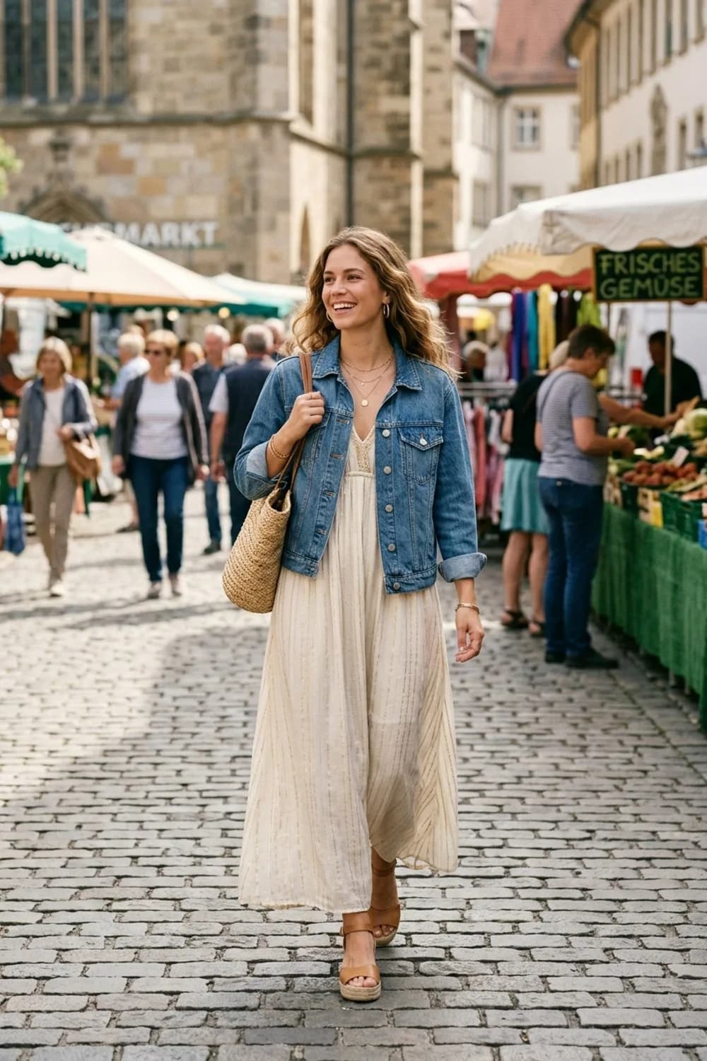Boho-Glam: Maxikleid mit goldenen Lurexfäden, eine Jeansjacke und Keilsandaletten – Silvester Outfits mit Glitzer: 9 glamouröse Looks für den Jahreswechsel