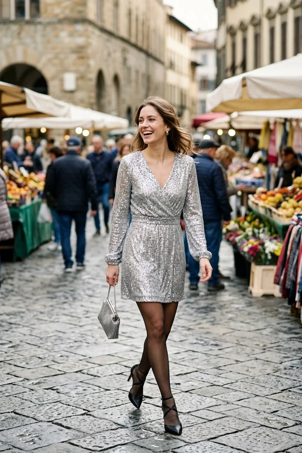 Der Klassiker: Silbernes Pailletten-Minikleid, schwarze Riemchen-Pumps und eine Clutch – Silvester Outfits mit Glitzer: 9 glamouröse Looks für den Jahreswechsel