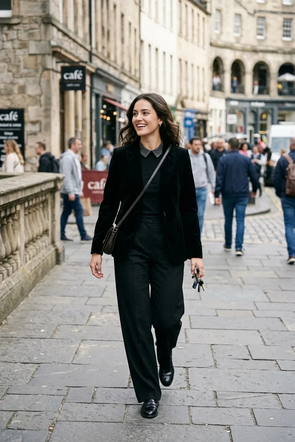 Dezent & Elegant: Schwarzer Samt-Blazer, ein Top mit dezentem Glitzerkragen und eine Marlene-Hose – Silvester Outfits mit Glitzer: 9 glamouröse Looks für den Jahreswechsel