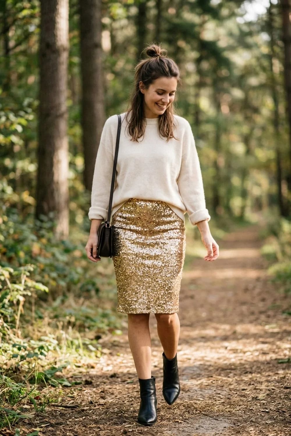 Lässig & Chic: Goldener Paillettenrock, cremefarbener Kaschmirpullover und spitze Stiefeletten – Silvester Outfits mit Glitzer: 9 glamouröse Looks für den Jahreswechsel