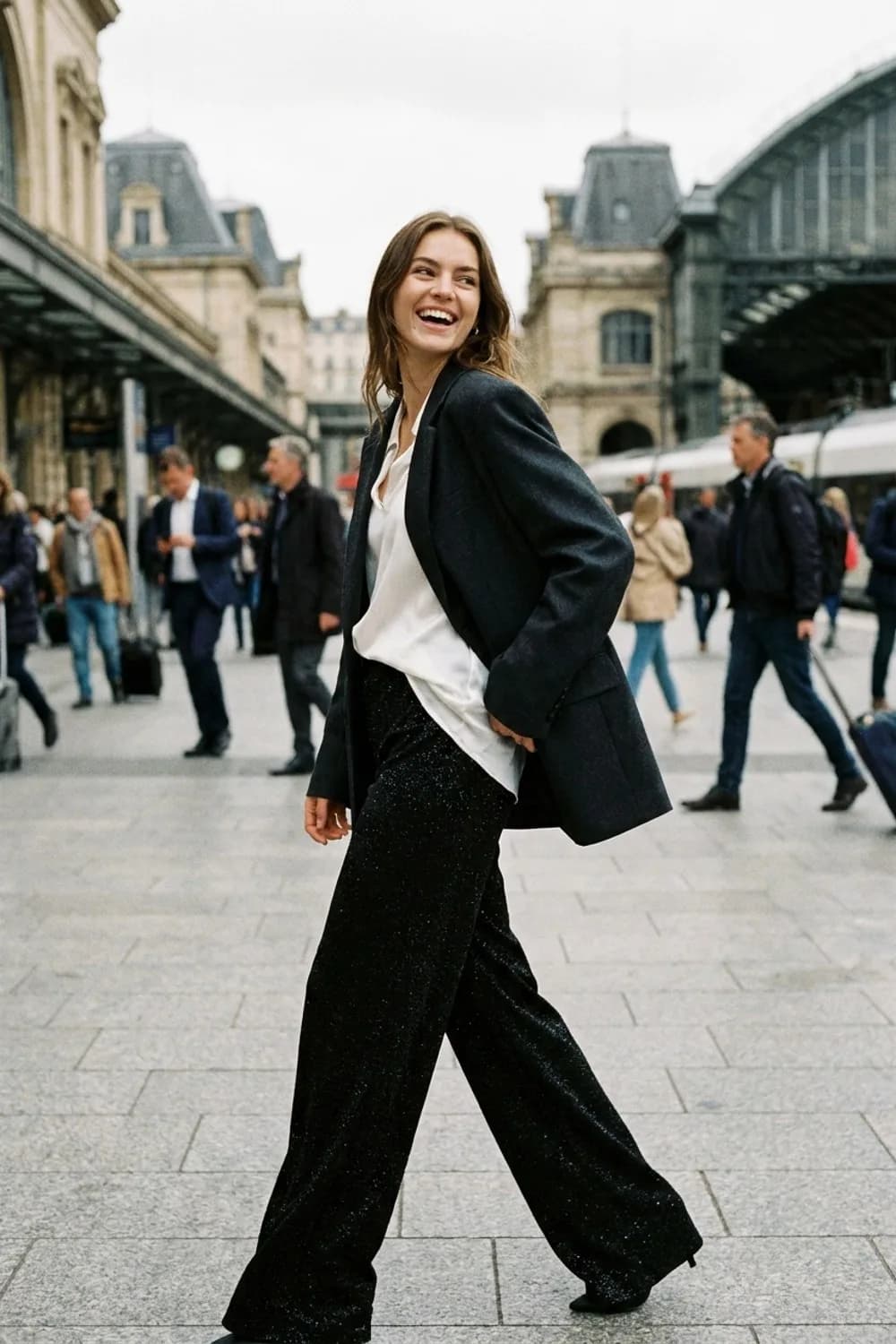 Modern & Cool: Schwarze Glitzer-Hose, weißes Seidentop und ein Oversize-Blazer – Silvester Outfits mit Glitzer: 9 glamouröse Looks für den Jahreswechsel