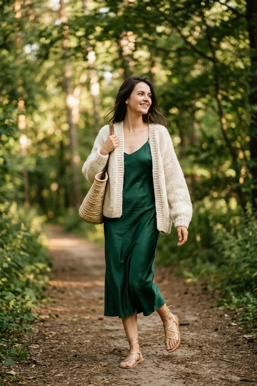 Der Abend-Look: Satin-Slip-Dress, grober Strickcardigan und filigrane Sandaletten – Sommer Outfits für Frauen: 13 leichte Looks für heiße Tage