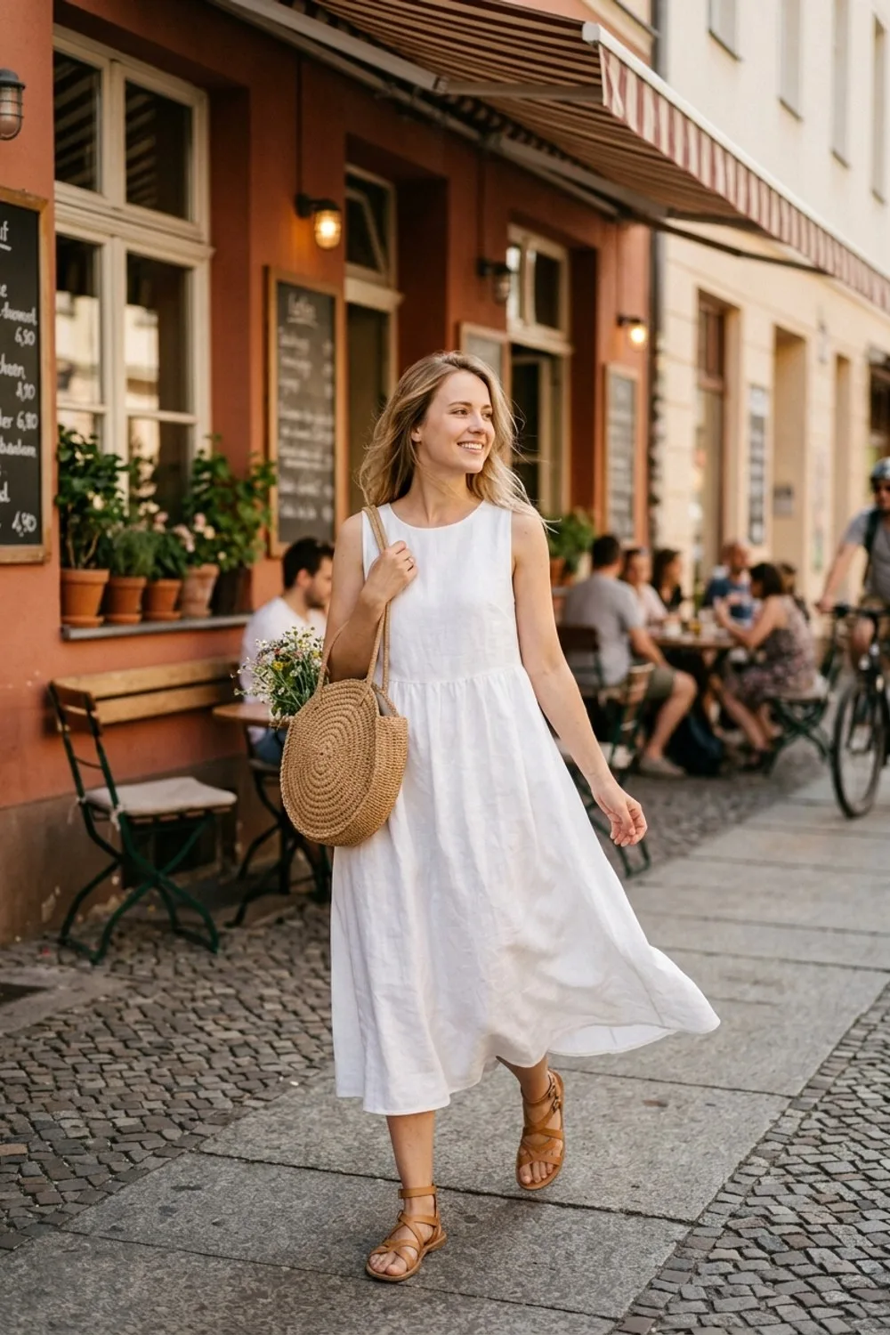 Der Allrounder: Weißes Leinenkleid, Korbtasche und flache Ledersandalen – Sommer Outfits für Frauen: 13 leichte Looks für heiße Tage