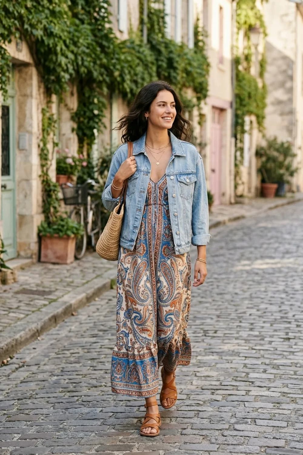 Der Boho-Traum: Langes Maxikleid, helle Jeansjacke und Riemchensandalen – Sommer Outfits für Frauen: 13 leichte Looks für heiße Tage