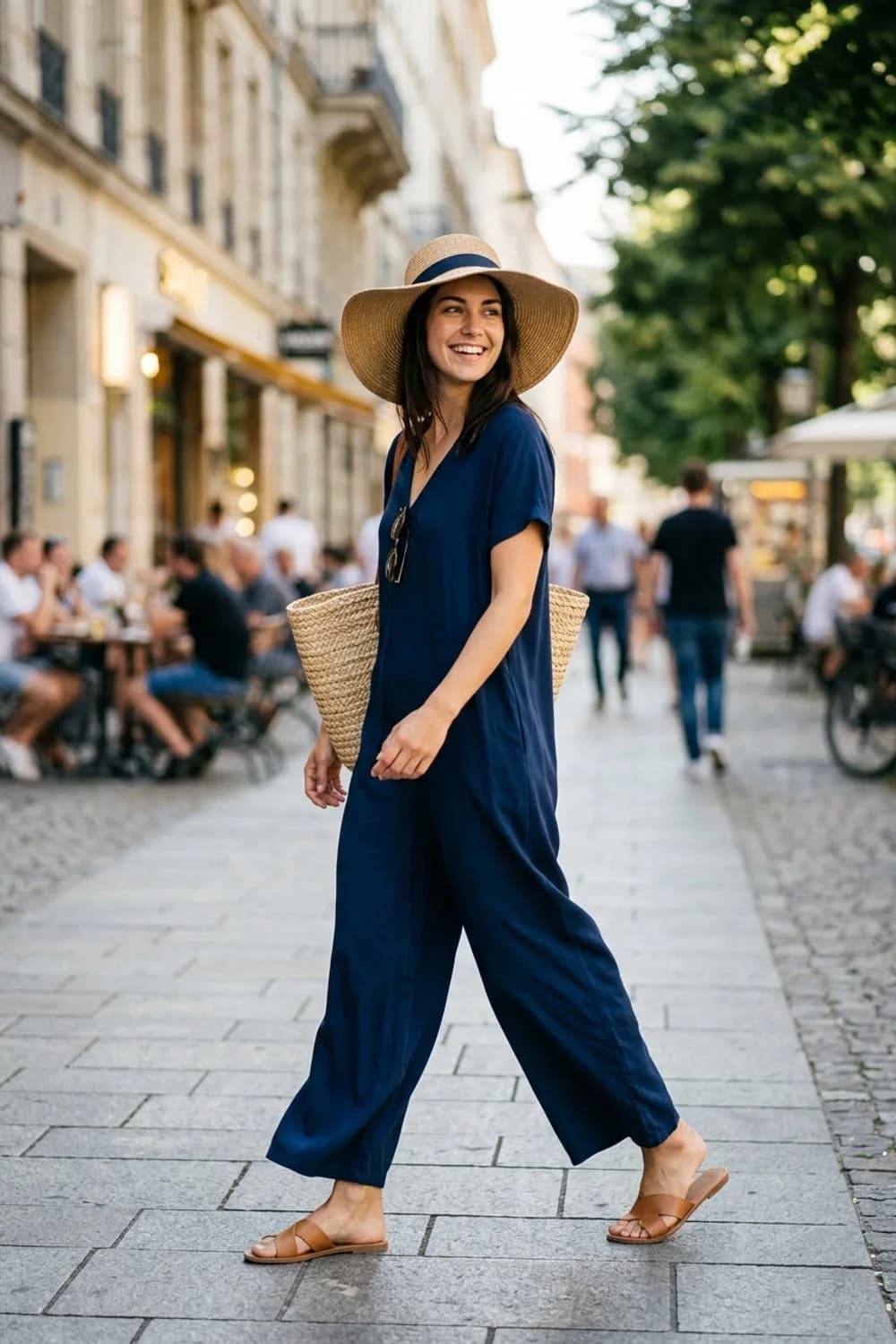Der Einteiler: Marineblauer Jumpsuit, großer Sonnenhut und flache Sandalen – Sommer Outfits für Frauen: 13 leichte Looks für heiße Tage
