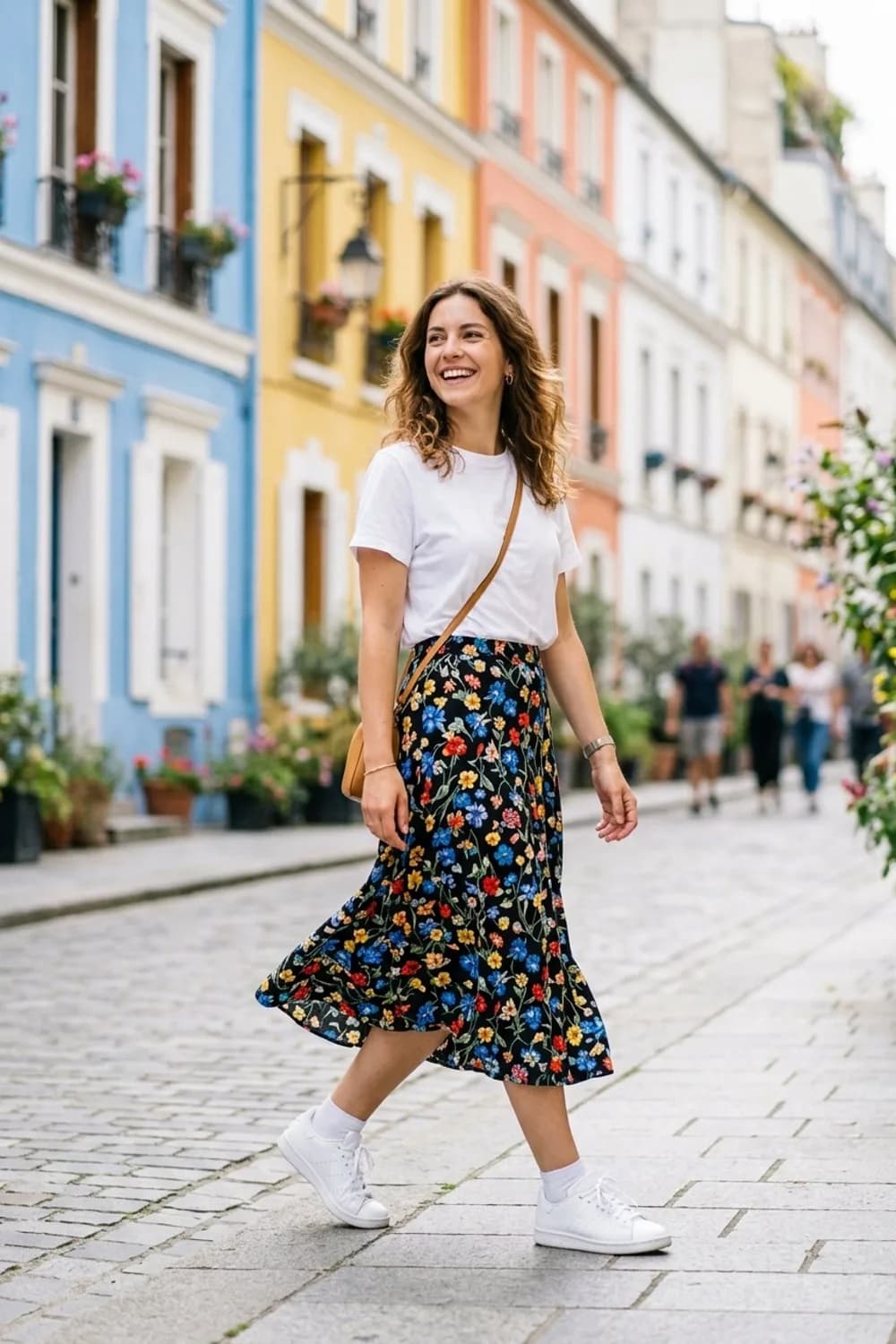 Der Verspielte: Geblümter Midirock, Basic-T-Shirt und weiße Sneaker – Sommer Outfits für Frauen: 13 leichte Looks für heiße Tage