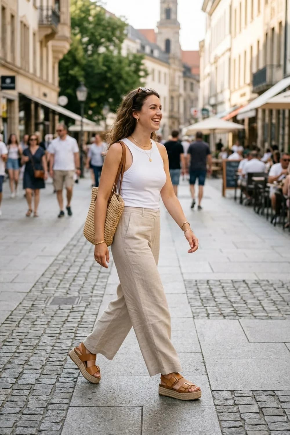 Die Lässige: Weite Leinenhose, weißes Tanktop und Plateausandalen – Sommer Outfits für Frauen: 13 leichte Looks für heiße Tage