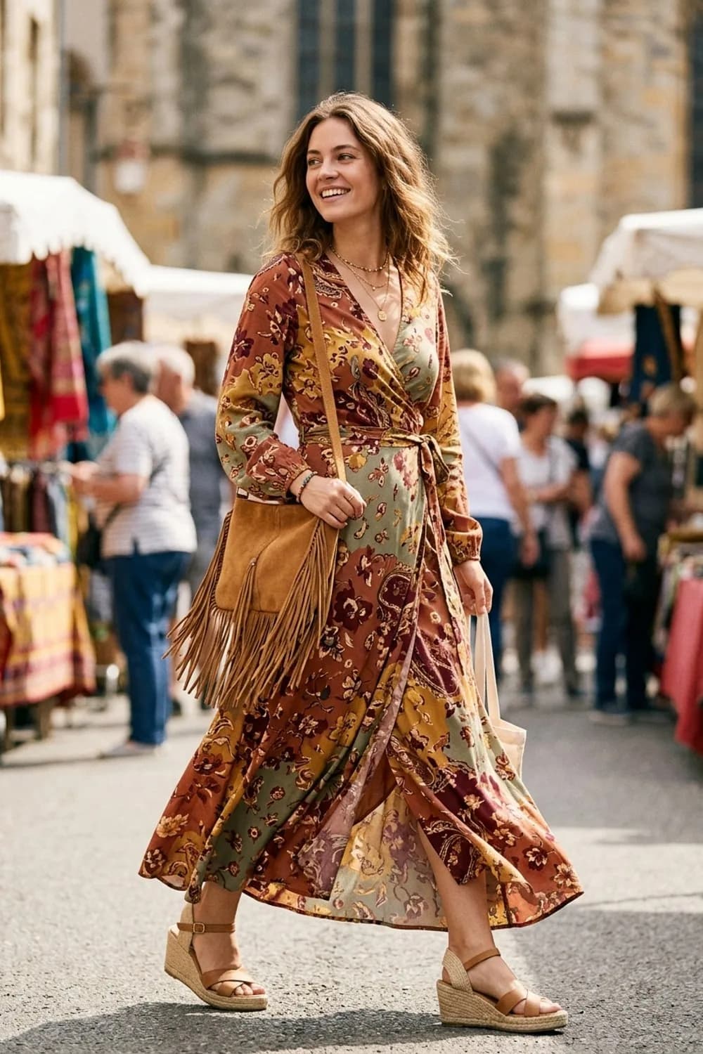 Boho-Chic: Geblümtes Wickelkleid in Erdtönen, Keilsandaletten aus Bast und eine Fransentasche – Kleid als Hochzeitsgast im Sommer: 9 leichte Looks für die Feier
