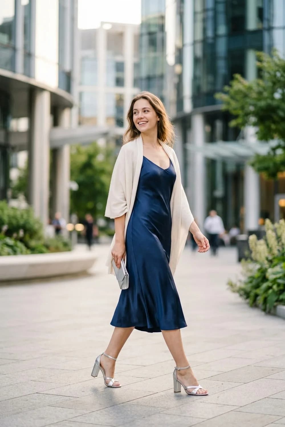 Eleganz am See: Marineblaues Slip-Dress aus Satin, silberne High Heels und ein leichter Kaschmir-Schal – Kleid als Hochzeitsgast im Sommer: 9 leichte Looks für die Feier