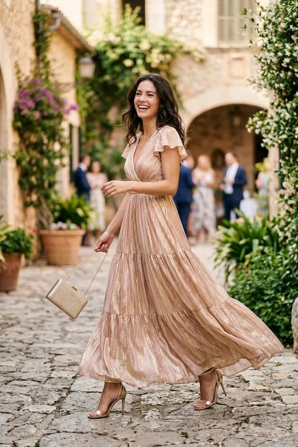 Glamour-Look: Langes, fließendes Sommerkleid mit Metallic-Fäden, Stilettos und eine glitzernde Box-Clutch – Kleid als Hochzeitsgast im Sommer: 9 leichte Looks für die Feier