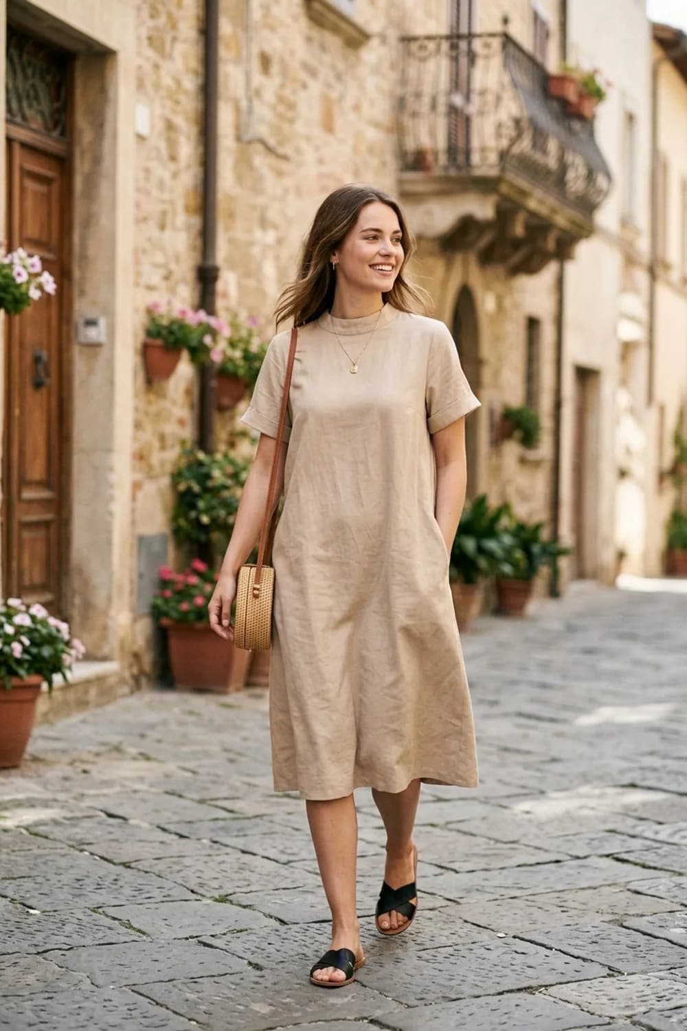 Minimalistischer Chic: Beigefarbenes Hängerkleid, schwarze flache Ledersandalen und eine minimalistische Goldkette – Kleid als Hochzeitsgast im Sommer: 9 leichte Looks für die Feier