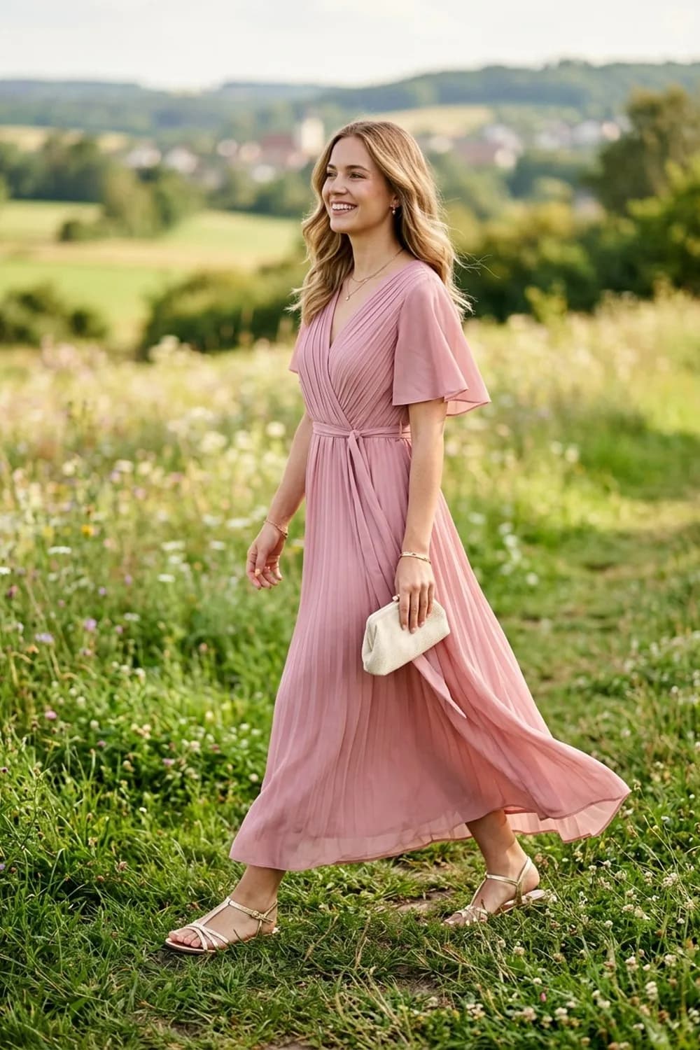 Romantik-Look: Rosafarbenes Maxikleid aus Chiffon, goldene Riemchensandalen und eine cremefarbene Clutch – Kleid als Hochzeitsgast im Sommer: 9 leichte Looks für die Feier