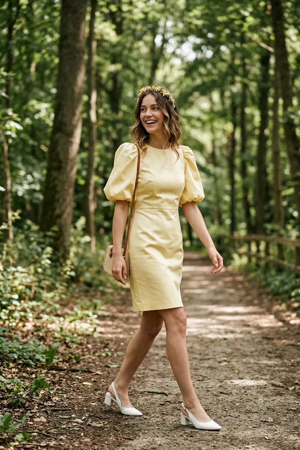 Verspielter Gartenparty-Look: Hellgelbes Etuikleid mit Puffärmeln, weiße Slingback-Pumps und ein Blumen-Haarreif – Kleid als Hochzeitsgast im Sommer: 9 leichte Looks für die Feier