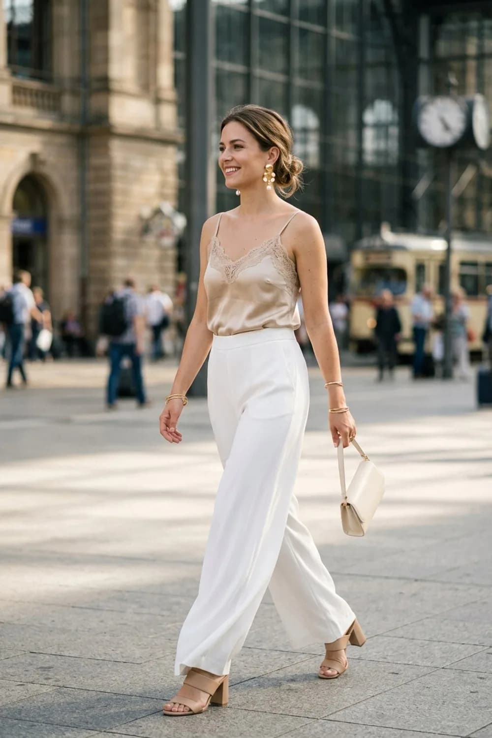 Elegante Abendgarderobe: Champagnerfarbenes Seidentop mit Spitze, weiße Palazzo-Hose und Statement-Ohrringe – Spitzentop kombinieren: 9 romantische Outfits mit femininem Flair
