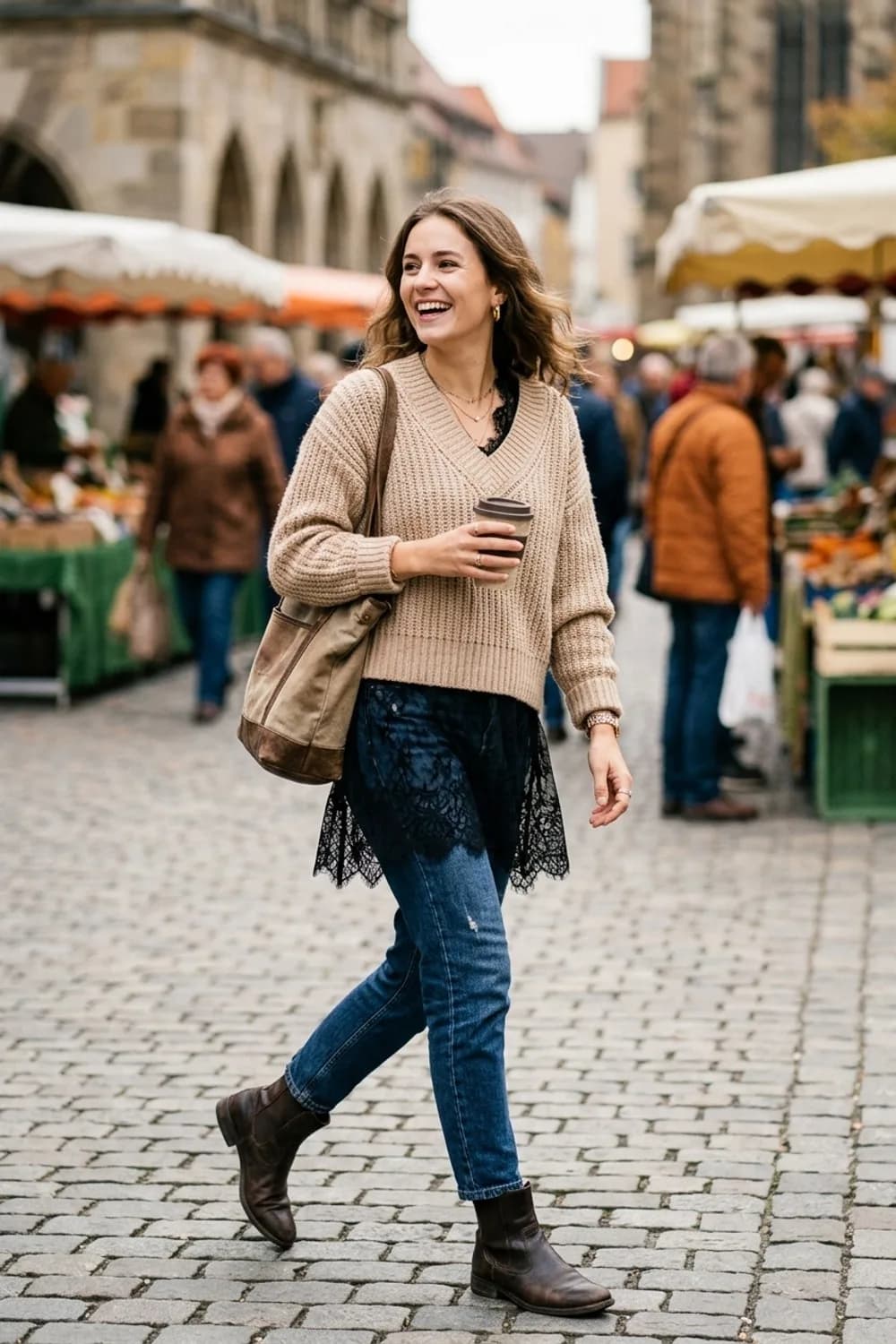Gemütlicher Lagenlook: Schwarzes Spitzentop, beiger Oversize-Strickpullover und dunkle Jeans – Spitzentop kombinieren: 9 romantische Outfits mit femininem Flair