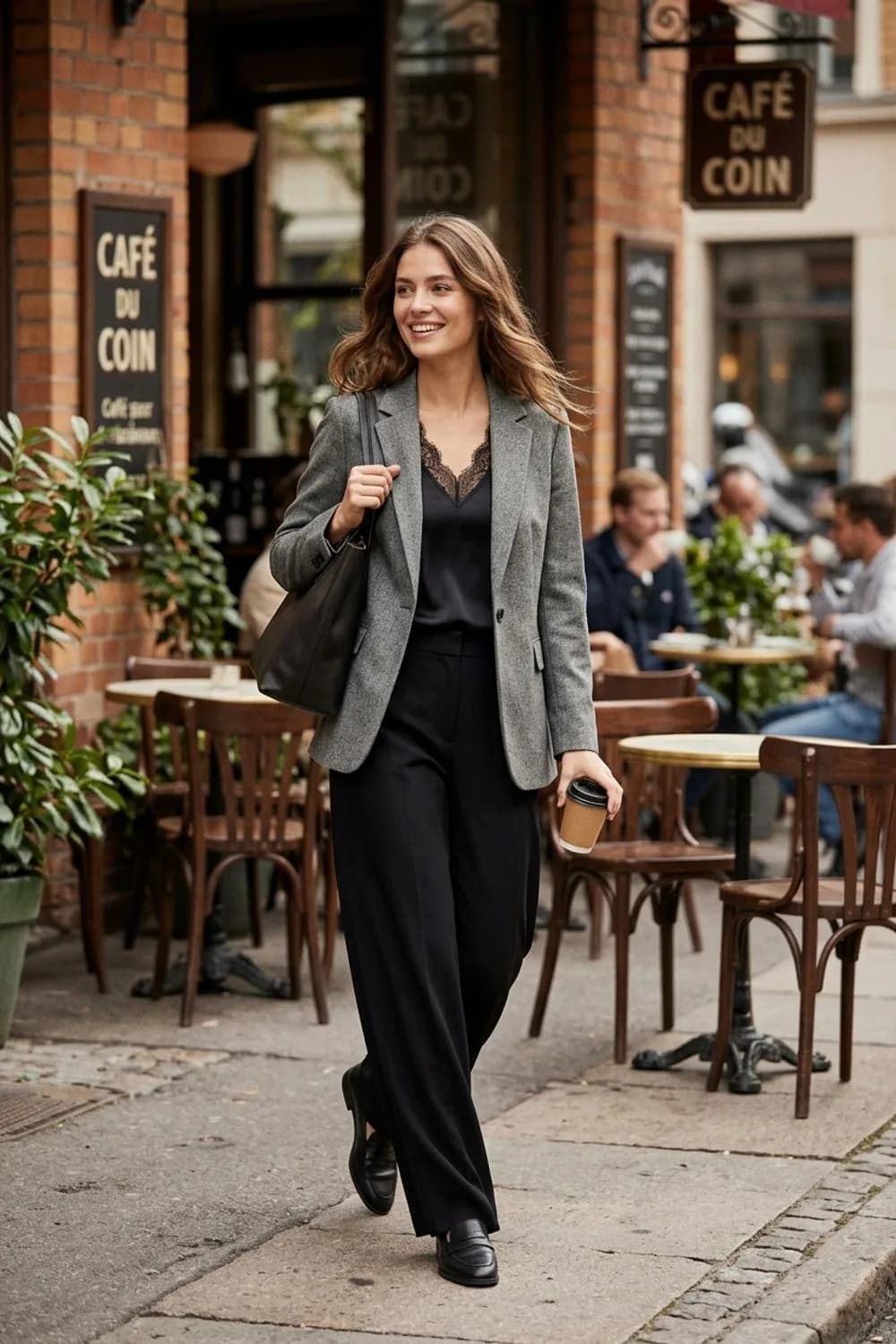 Office-Chic: Schwarzes Seiden-Spitzentop, grauer Blazer und schwarze Marlene-Hose – Spitzentop kombinieren: 9 romantische Outfits mit femininem Flair