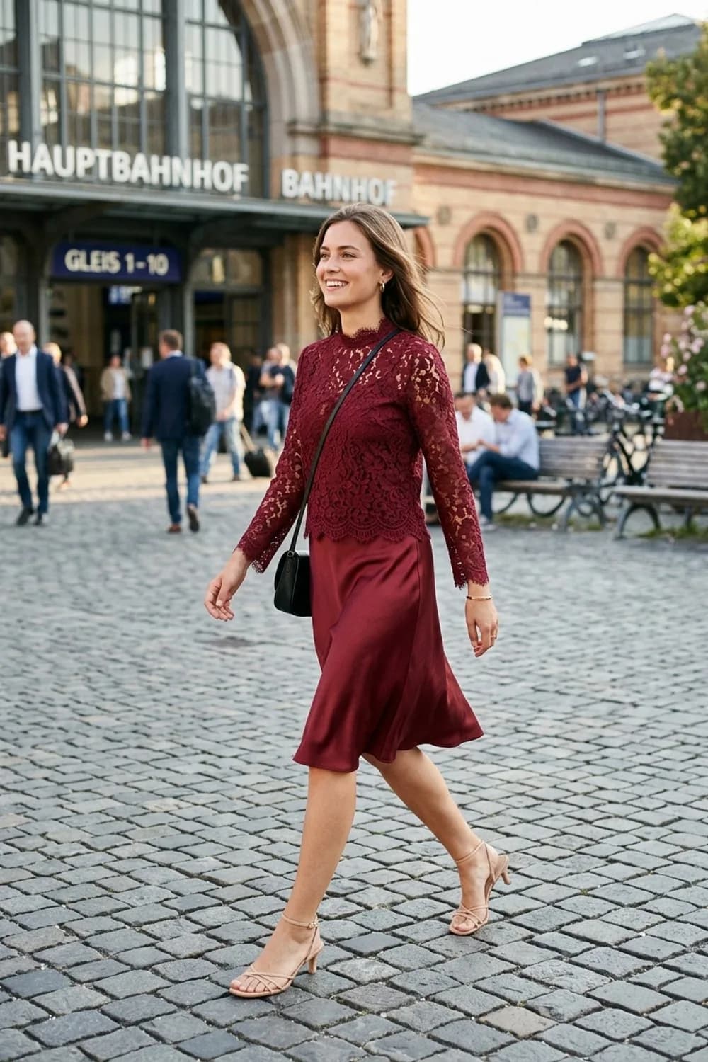 Romantisches Date-Night-Outfit: Bordeauxrotes Spitzentop, fließender Satinrock und Riemchen-Sandaletten – Spitzentop kombinieren: 9 romantische Outfits mit femininem Flair