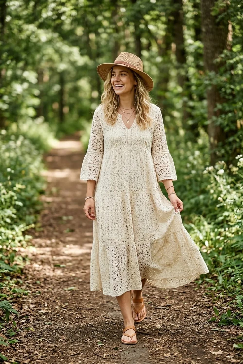 Boho-Vibes: Maxikleid aus Häkelspitze, flache Ledersandalen und ein Hut mit breiter Krempe – Standesamt Kleid: 11 wunderschöne Looks für die zivile Trauung